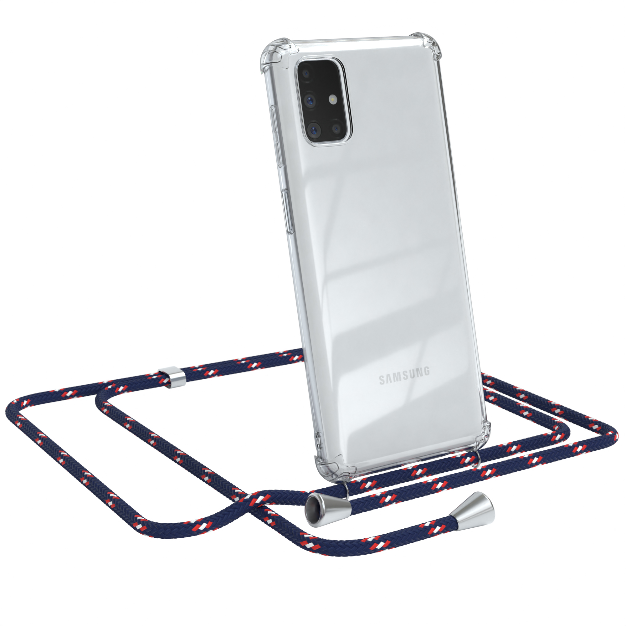 Ein Samsung-Telefon in einer transparenten Hülle mit blau-rotem Riemen. Weißer Hintergrund.