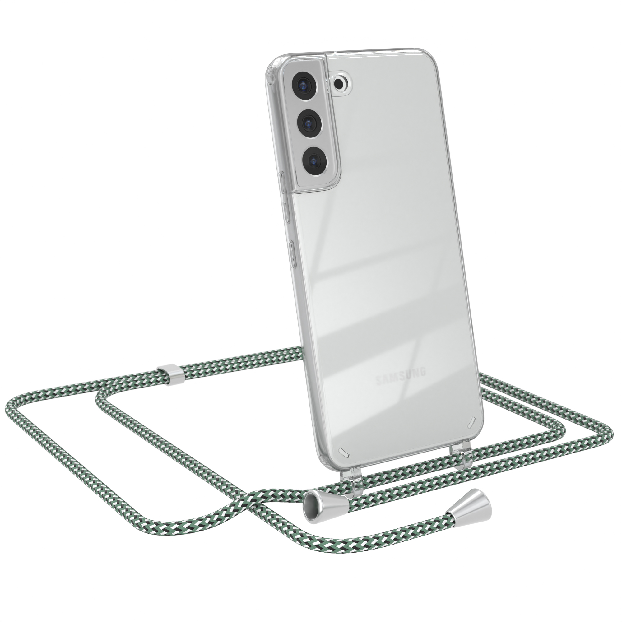 Ein Telefon in einer durchsichtigen Hülle mit einem grün-weißen Lanyard. Der Hintergrund ist weiß.