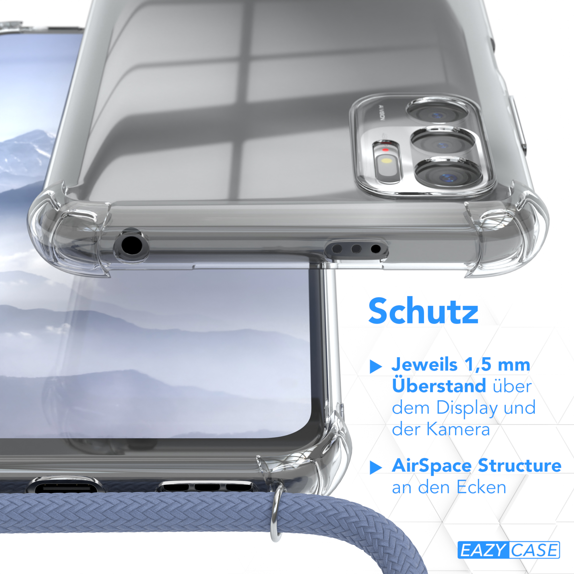 Nahaufnahme der Handyhülle. AirSpace-Struktur an den Ecken. Schutz mit verstärktem TPU. Blauer Gurt.