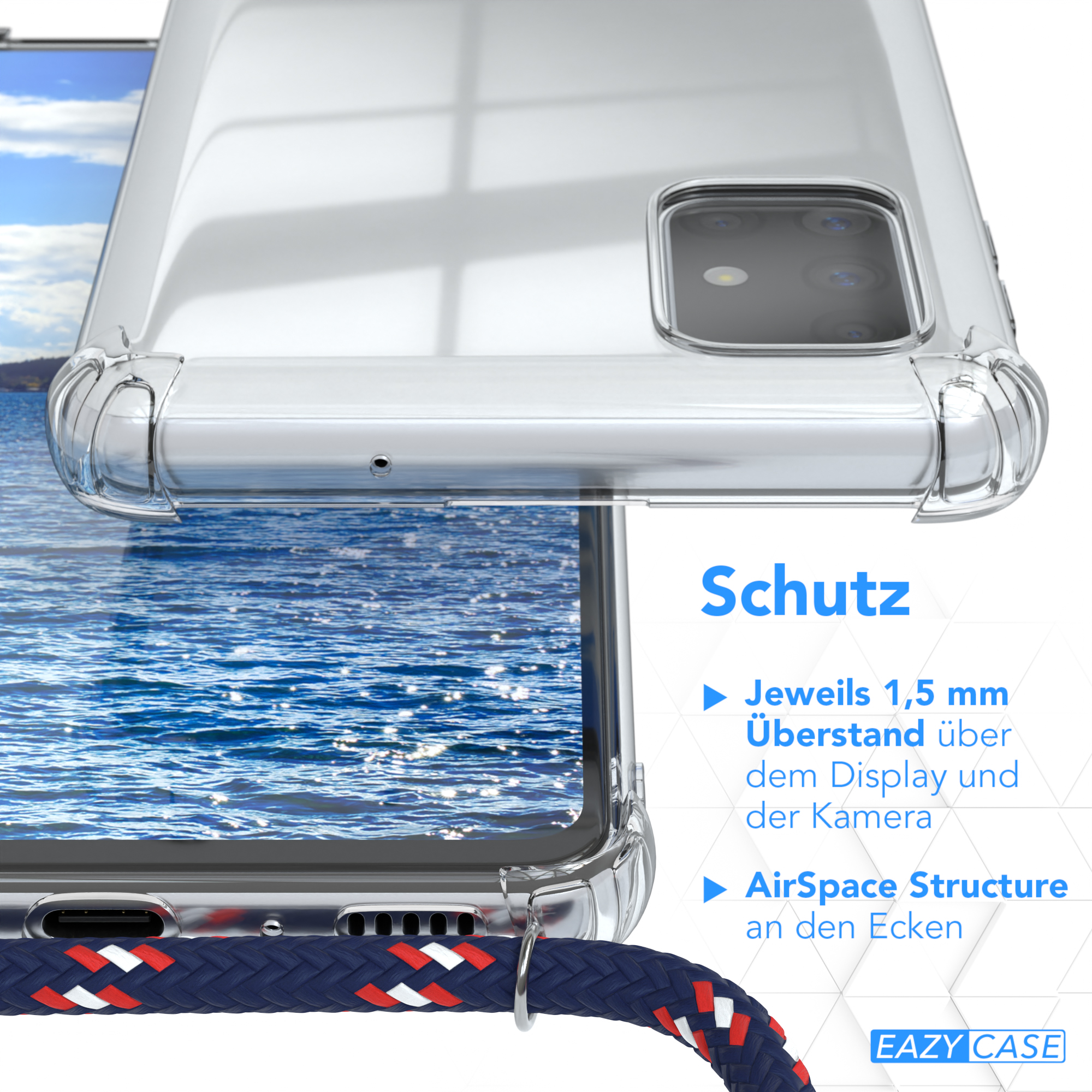 Transparente Handyhülle auf einem Telefon. Blau/rotes Seil am Telefon befestigt. Text: Schutz, AirSpace Structure.