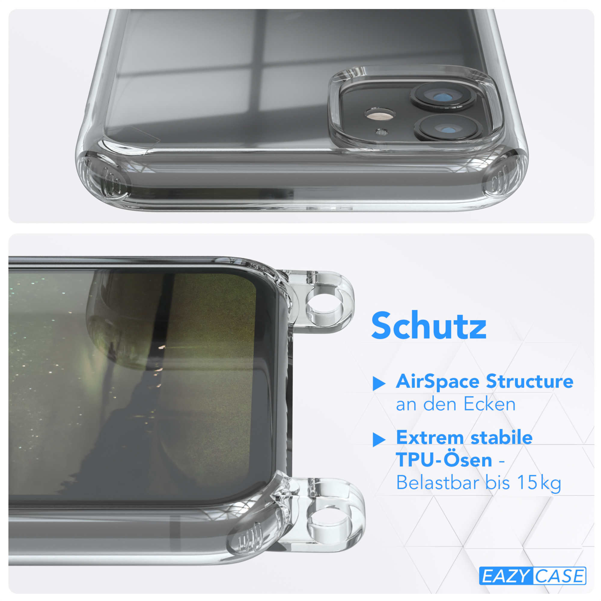 Transparente Handyhülle mit Telefon darin. Text auf Deutsch: AirSpace Structure, stabile TPU-Ösen. Weißer Hintergrund.