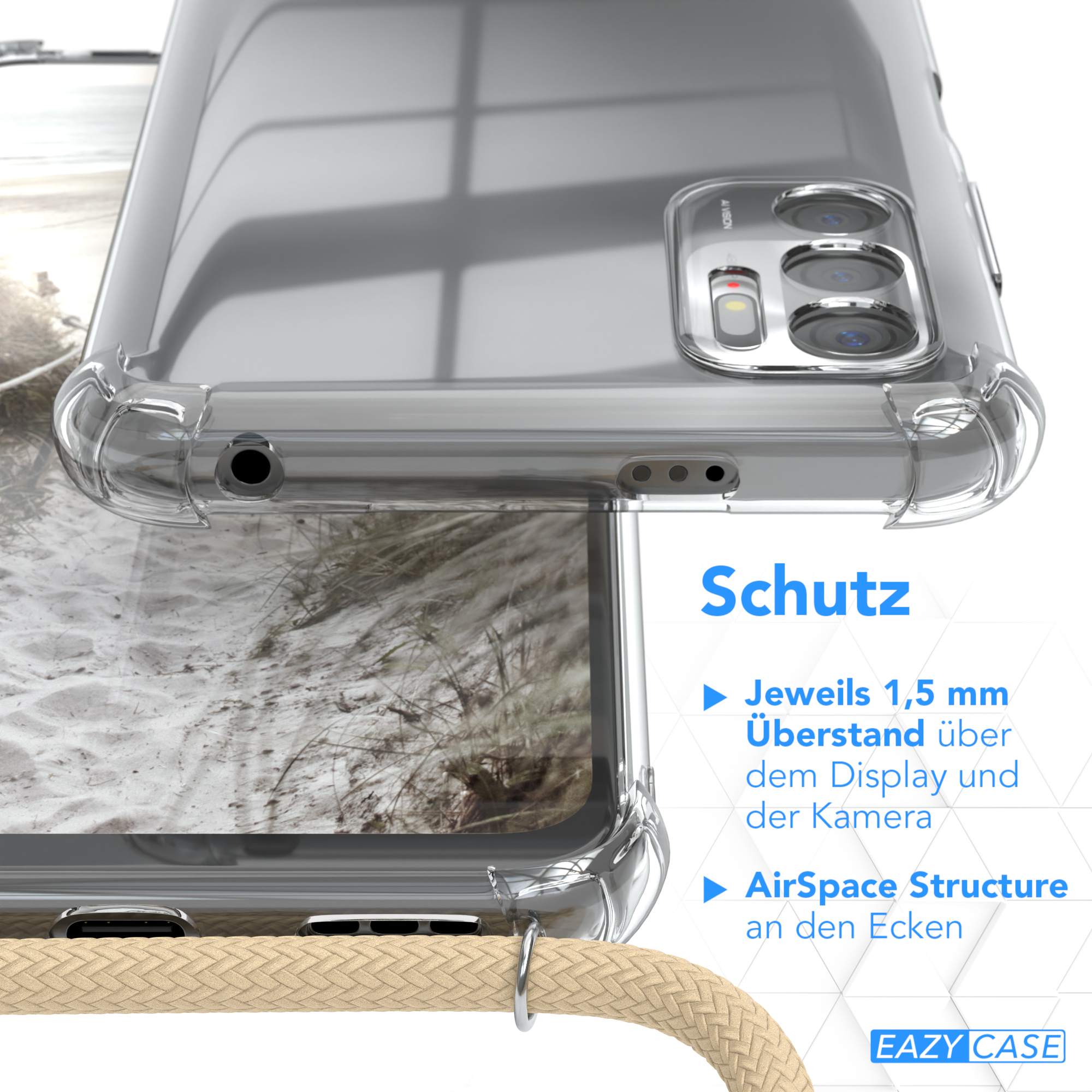 Nahaufnahme der Handyhülle mit Text zum Schutz, AirSpace Structure und TPU.