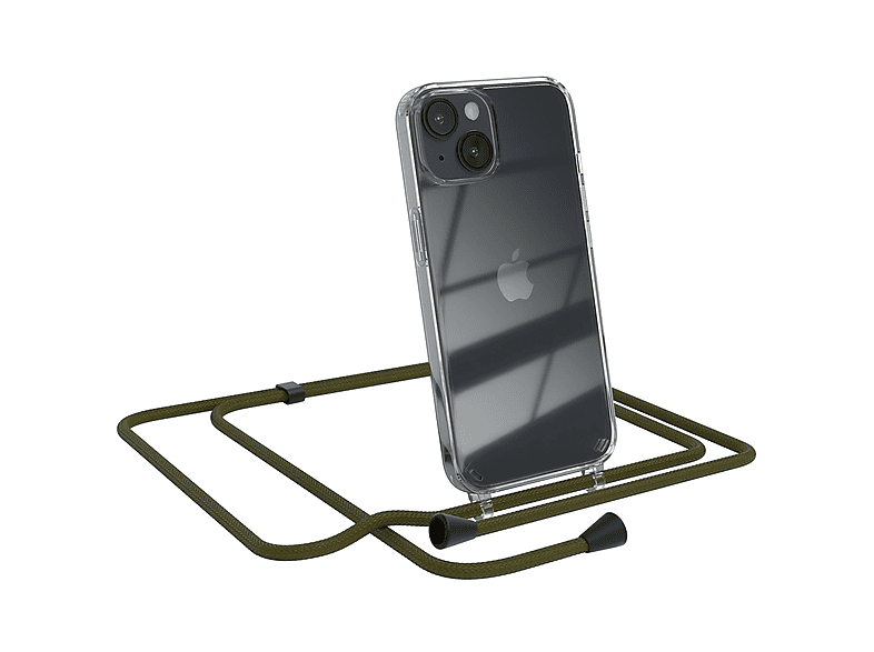 EAZY CASE Clear Cover mit Umhängeband, Umhängetasche, Apple, iPhone 14, Olive Grün