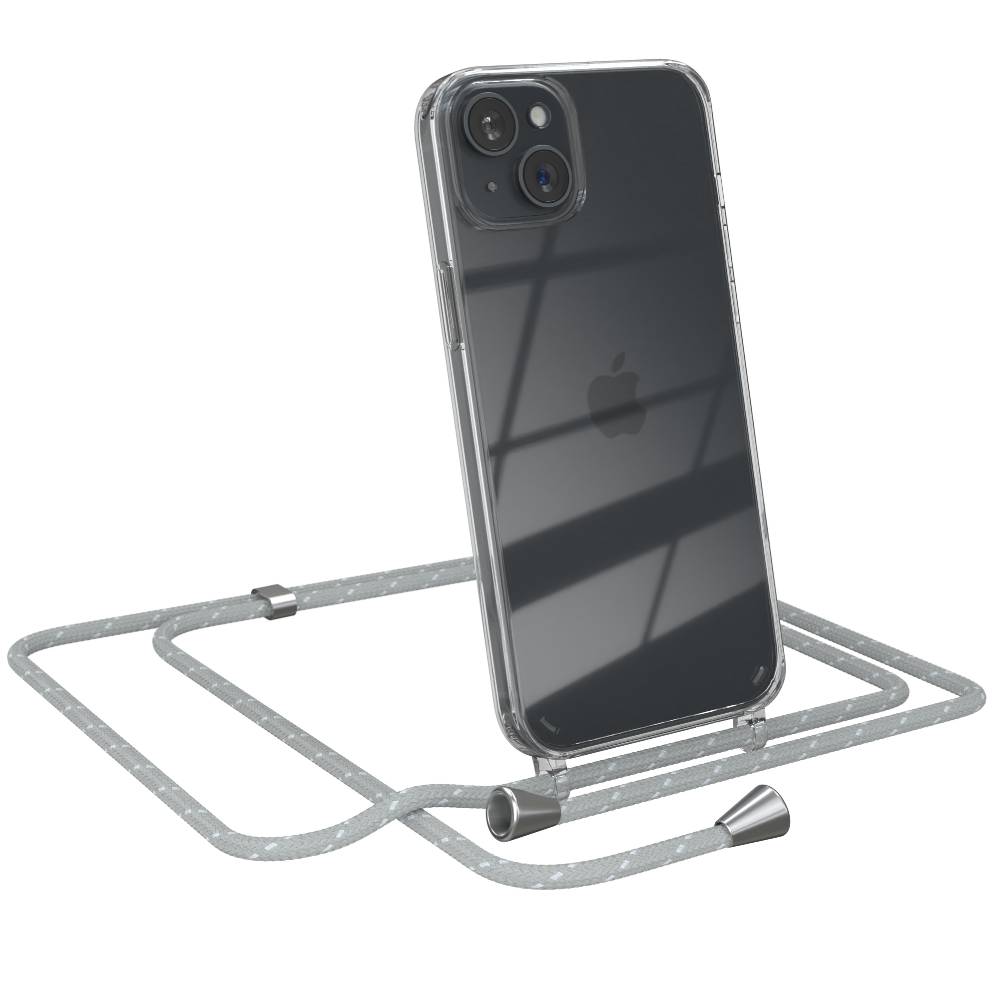 EAZY CASE mit iPhone 15 Apple, Umhängetasche, Hellgrau Weiß Cover Plus, Umhängeband, Clear