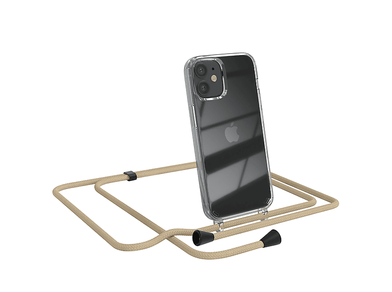 EAZY CASE Clear Cover mit Umhängeband, Umhängetasche, Apple, iPhone 12 Mini, Beige Taupe
