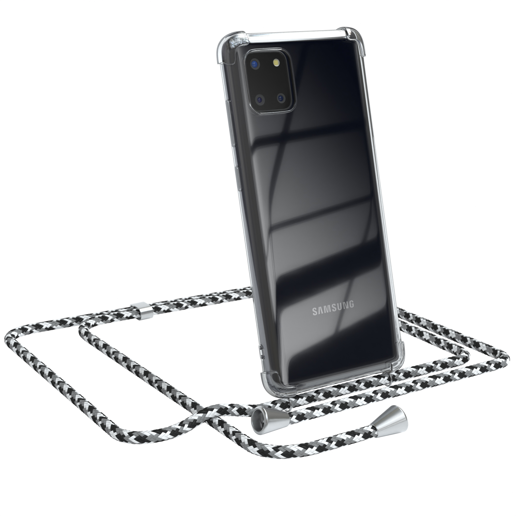 Samsung-Handy in klarer Hülle mit schwarz/weißem Lanyard.