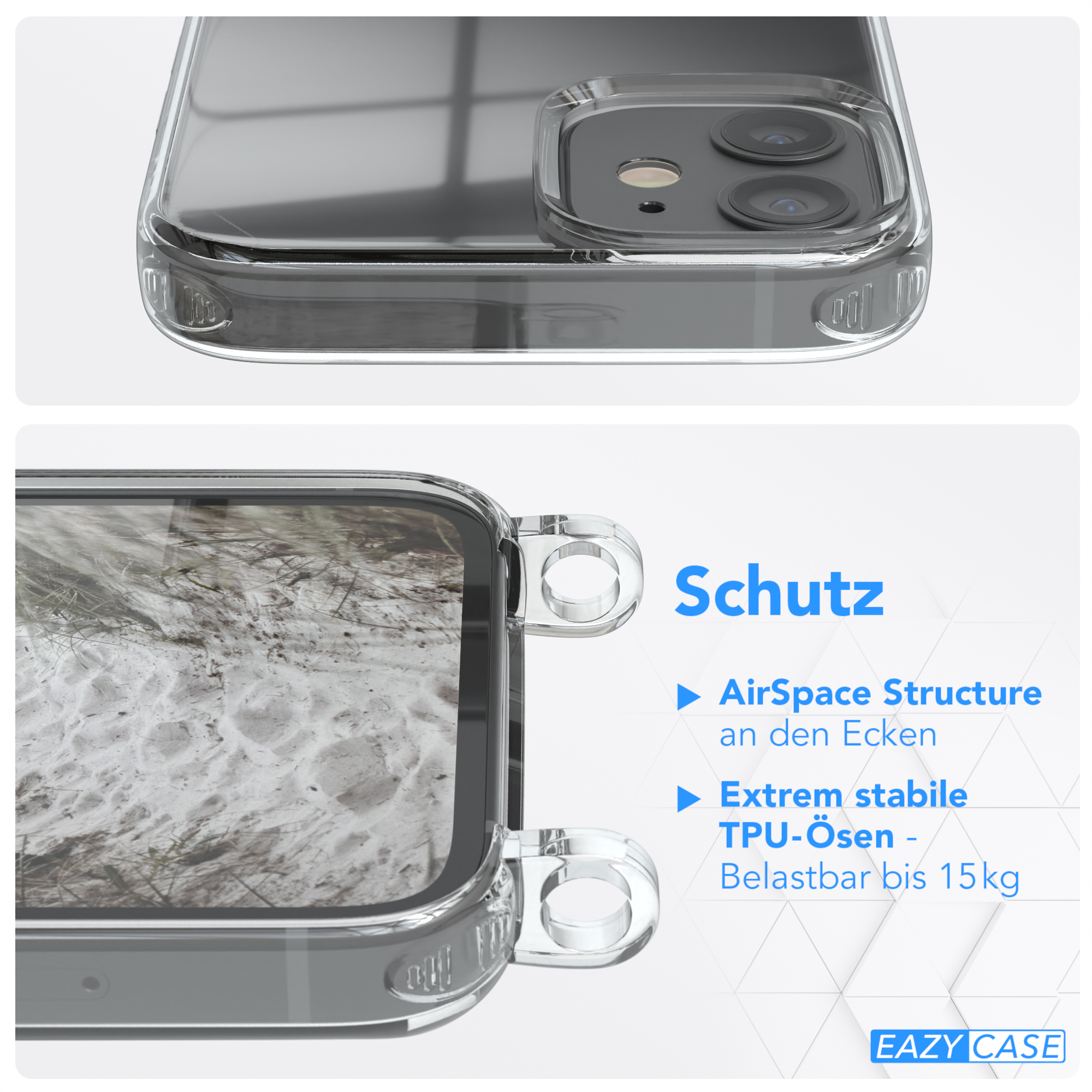 Transparente Handyhülle mit sichtbarem Telefon. Text: 'Schutz' und beschreibt Merkmale.