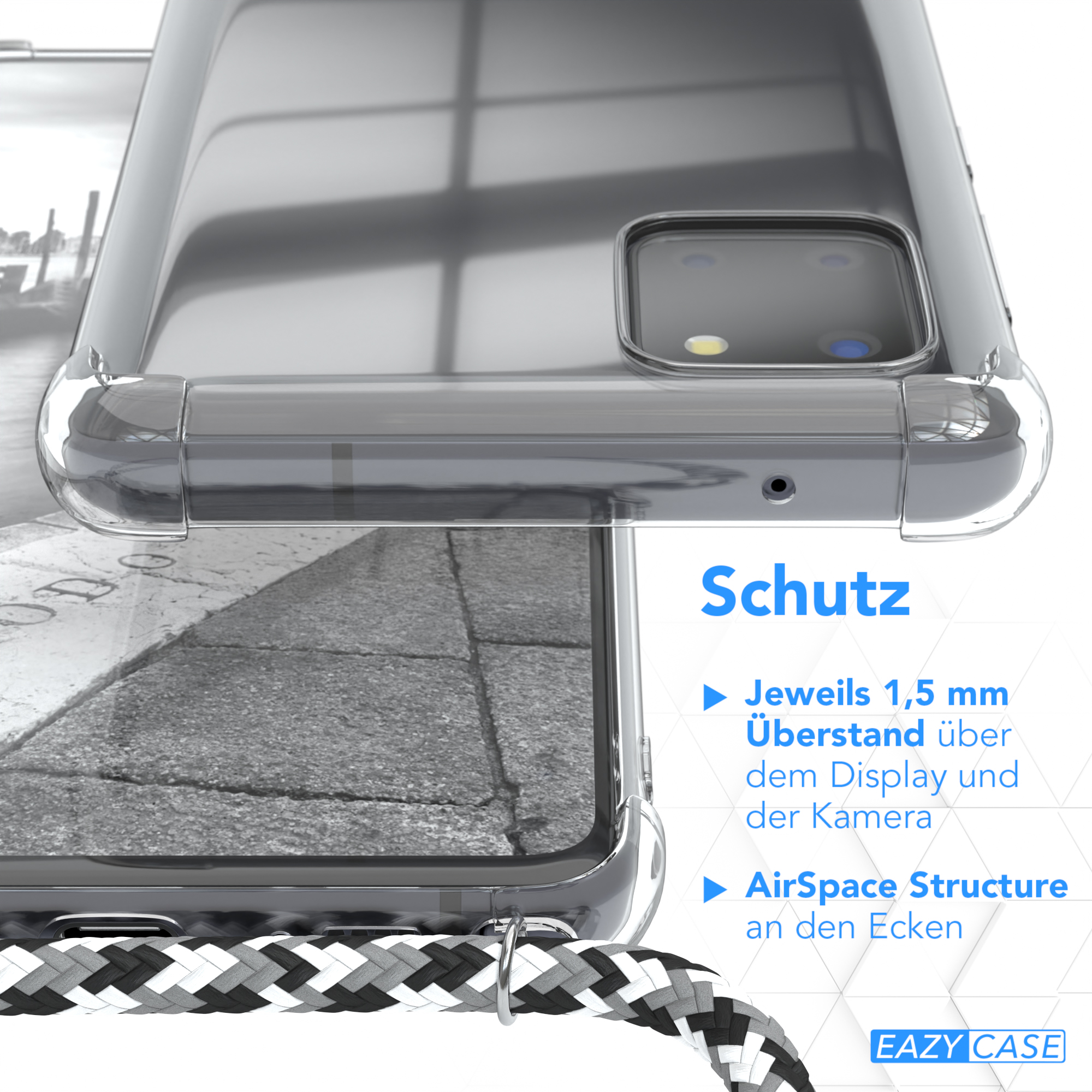 Nahaufnahme einer Handyhülle mit Merkmalen und Text über den Schutz.