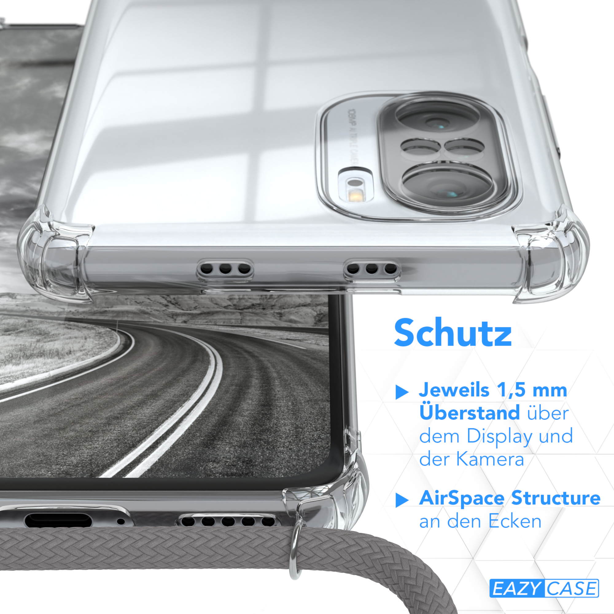 Transparente Handyhülle auf einem Telefon. Text hebt 1,5 mm Display/Kamera-Überstand und AirSpace Structure hervor.