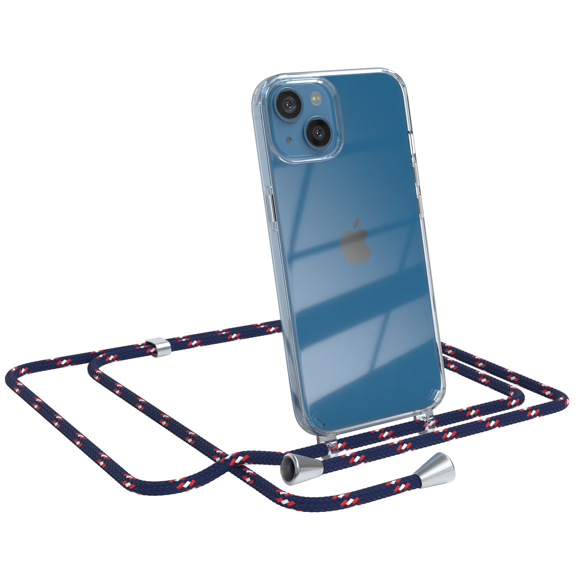Transparente Handyhülle mit blauem Kordelband. Blaues Handy mit Apple Logo.
