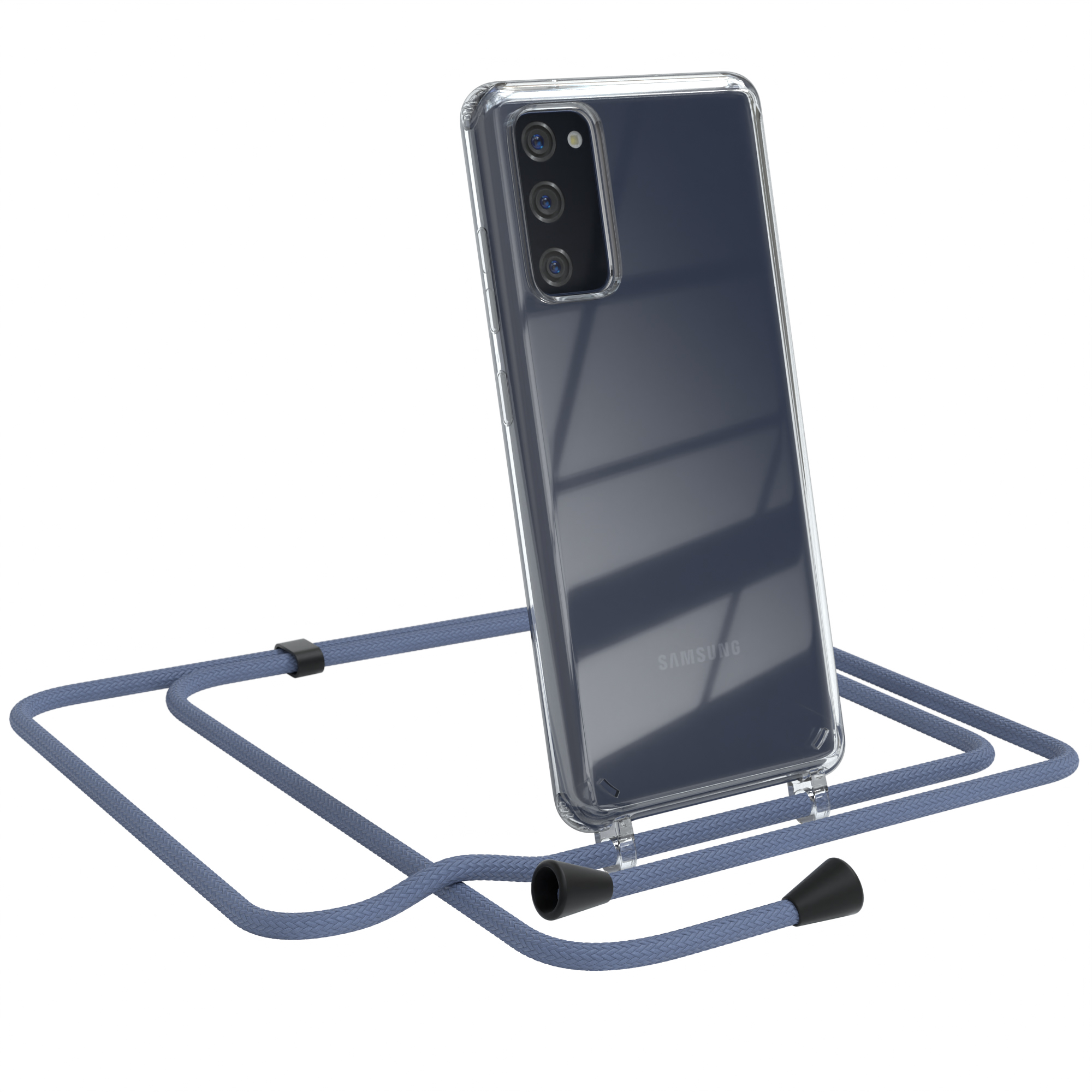 Transparente Handyhülle mit blauem Band. Das Telefon ist abgewinkelt, zeigt die Rückseite mit Samsung-Logo.