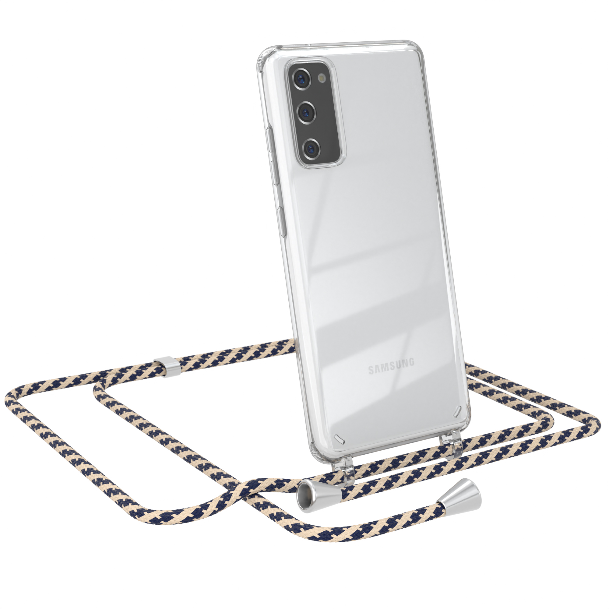 Transparente Samsung-Handyhülle mit blau-beigem Lanyard. Silberne Details. Telefon auf weißer Oberfläche.