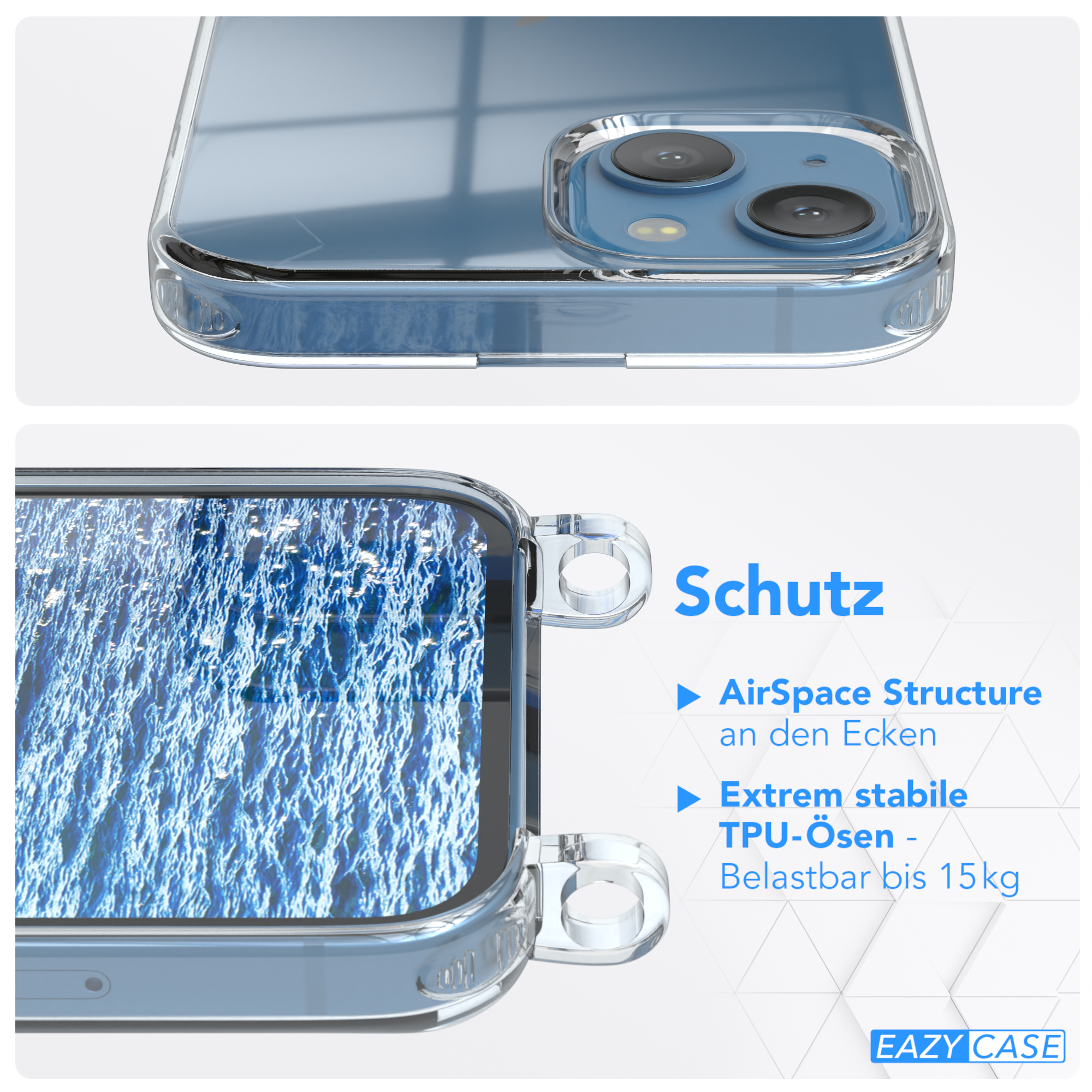 Nahaufnahme einer transparenten Handyhülle mit einem blauen Telefon darin. Schutzfunktionen hervorgehoben.
