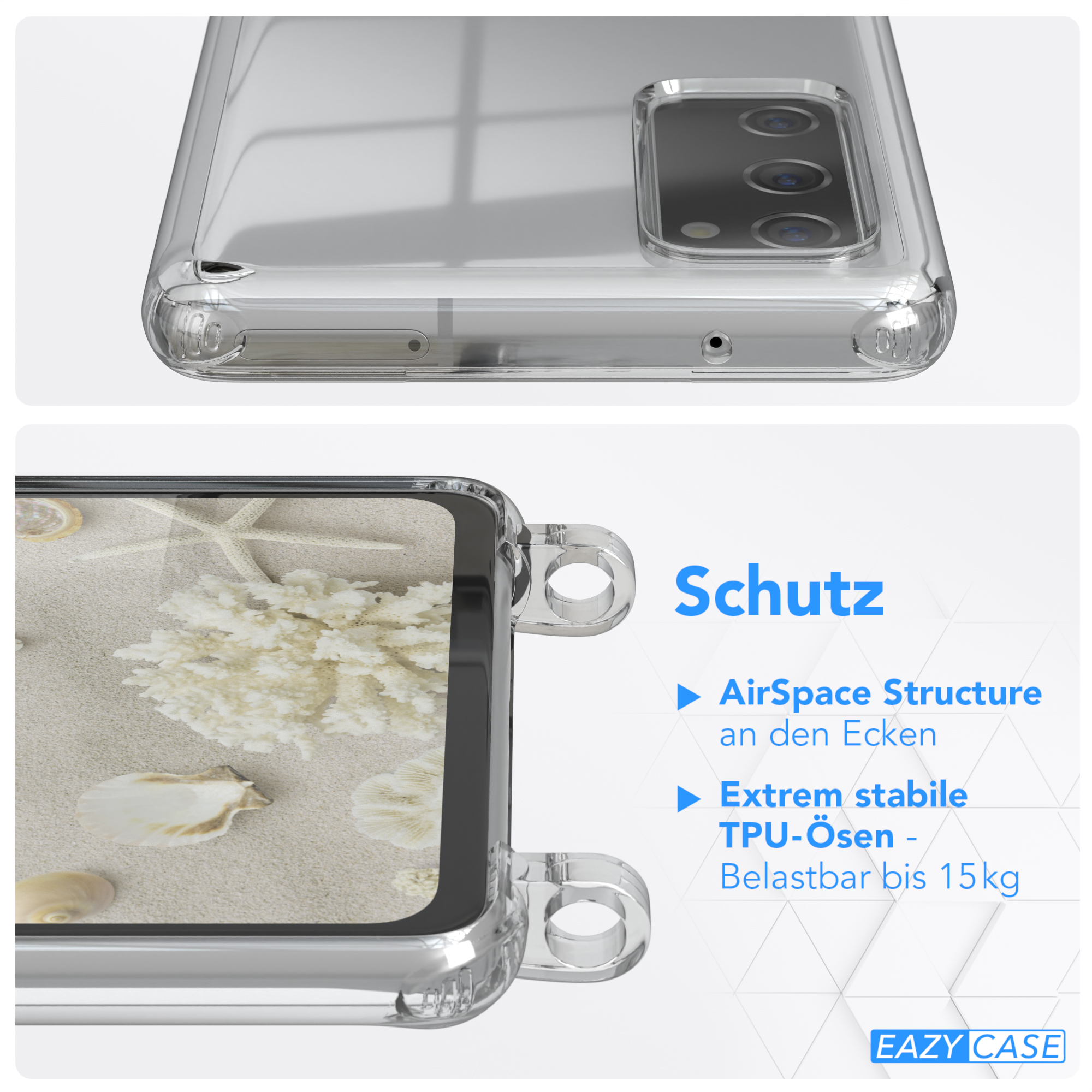 Klare Handyhülle mit Schutzfunktionen, über einem Telefon mit Sand und Muscheln.