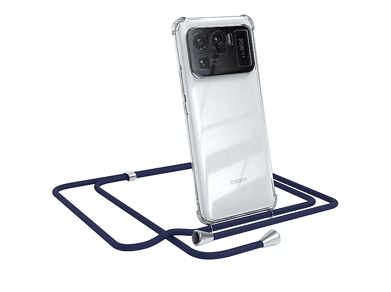 EAZY CASE Clear Cover mit Umhängeband, Umhängetasche, Xiaomi, Mi 11 Ultra, Blau / Clips Silber | Handyketten