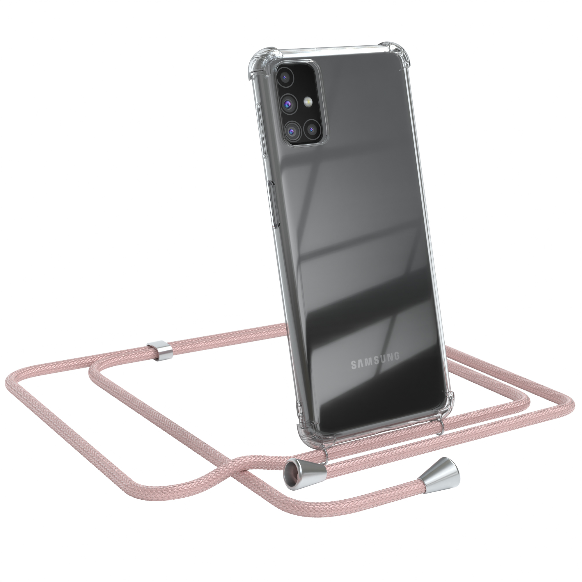 Transparente Handyhülle mit Telefon und rosa Umhängeband auf weißem Grund.