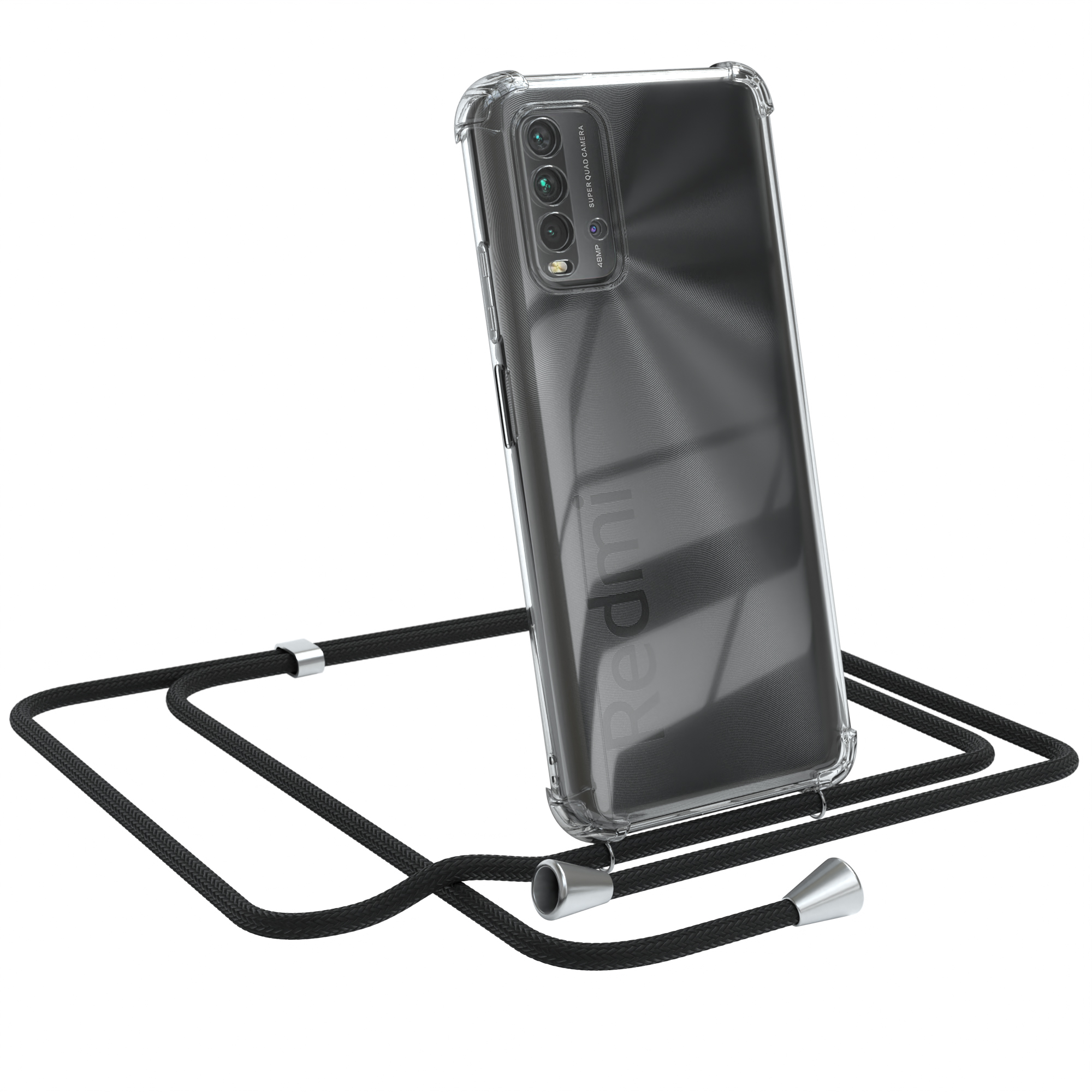 Transparente Handyhülle mit schwarzem Kordel. Redmi-Logo auf der Rückseite des Telefons. Telefon ist angewinkelt.