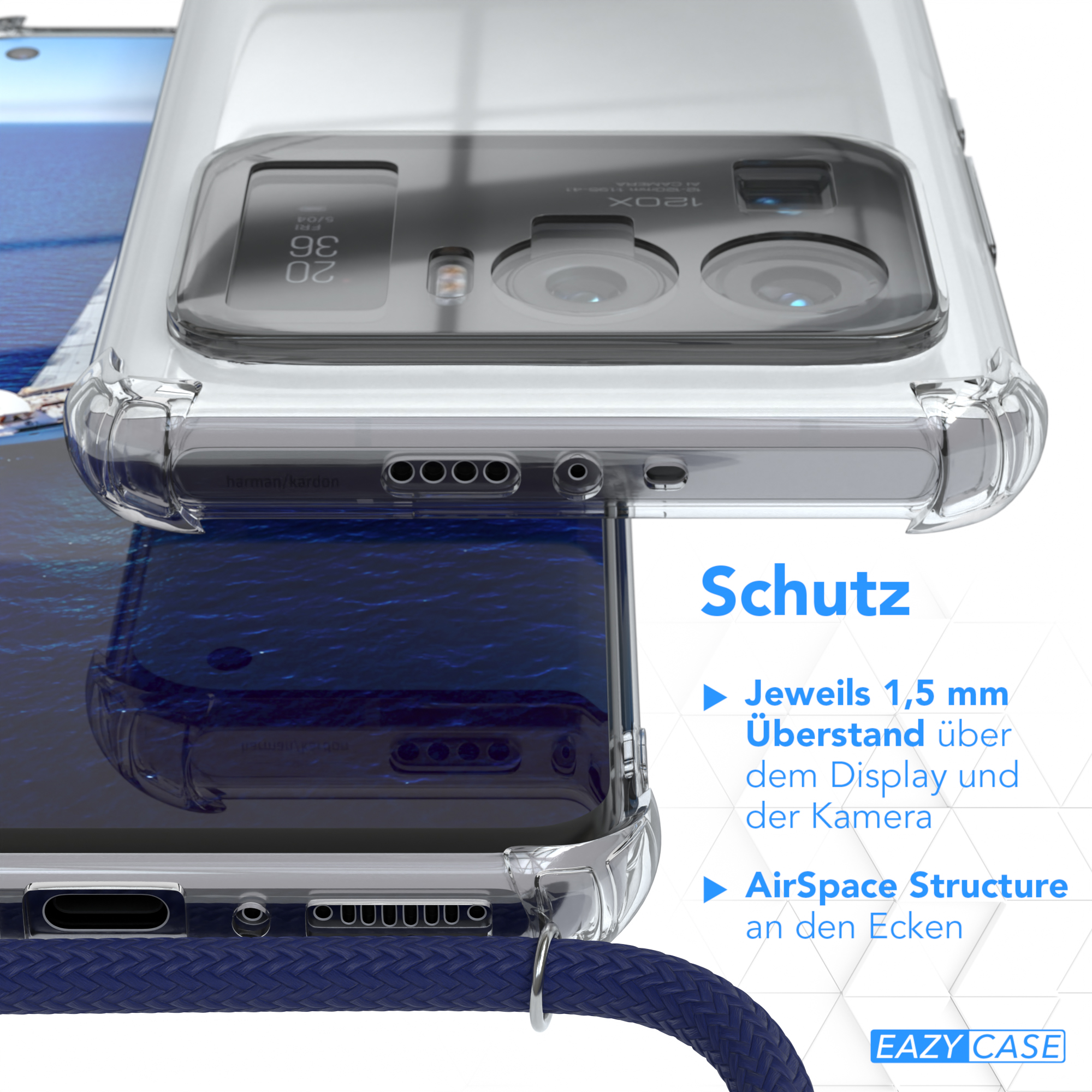 Nahaufnahme einer Handyhülle mit Schutzfunktionen. Blaues Kabel und Holzuntergrund.