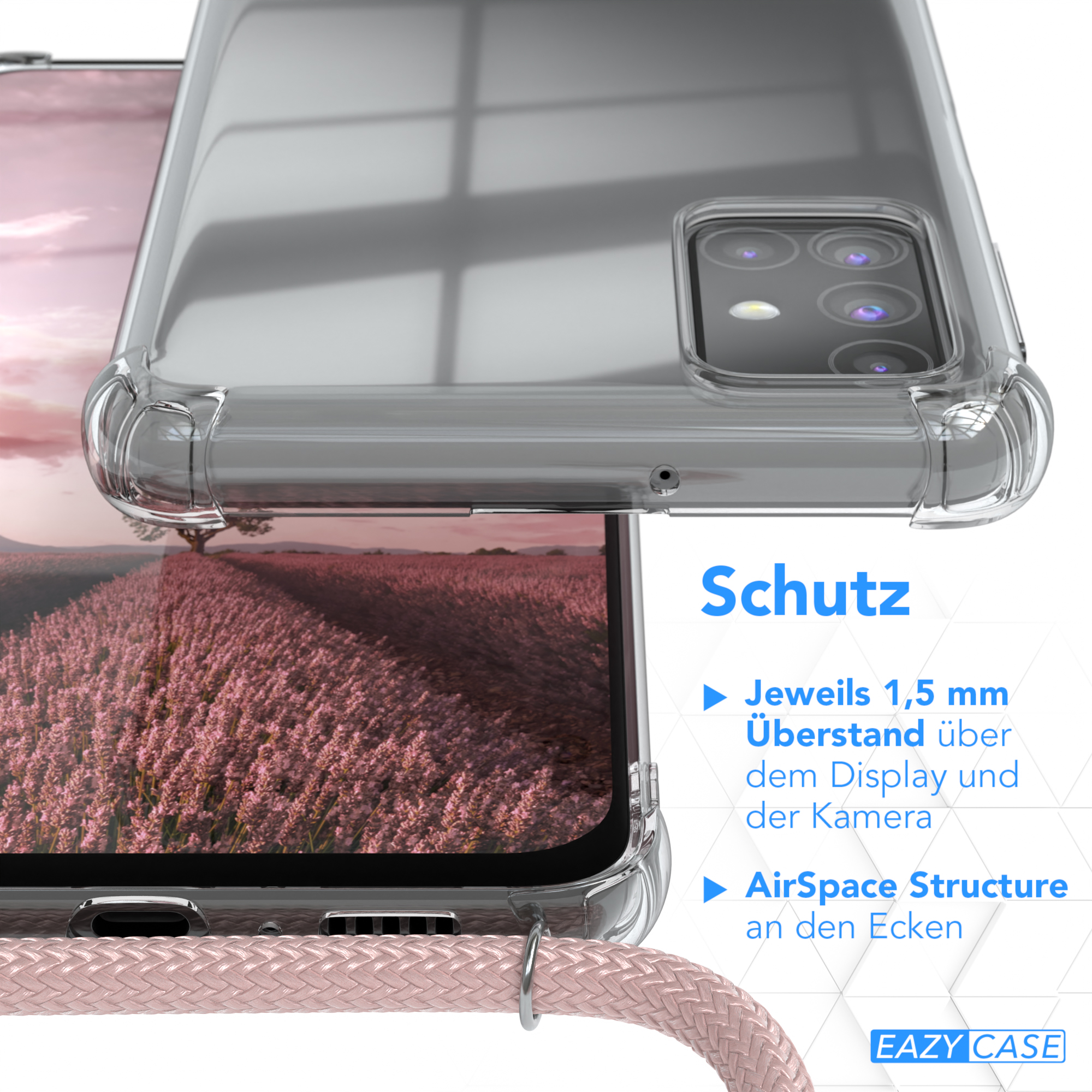 EAZY CASE Clear Cover mit / Umhängetasche, Umhängeband, Clips M31s, Samsung, Galaxy Silber Rosé