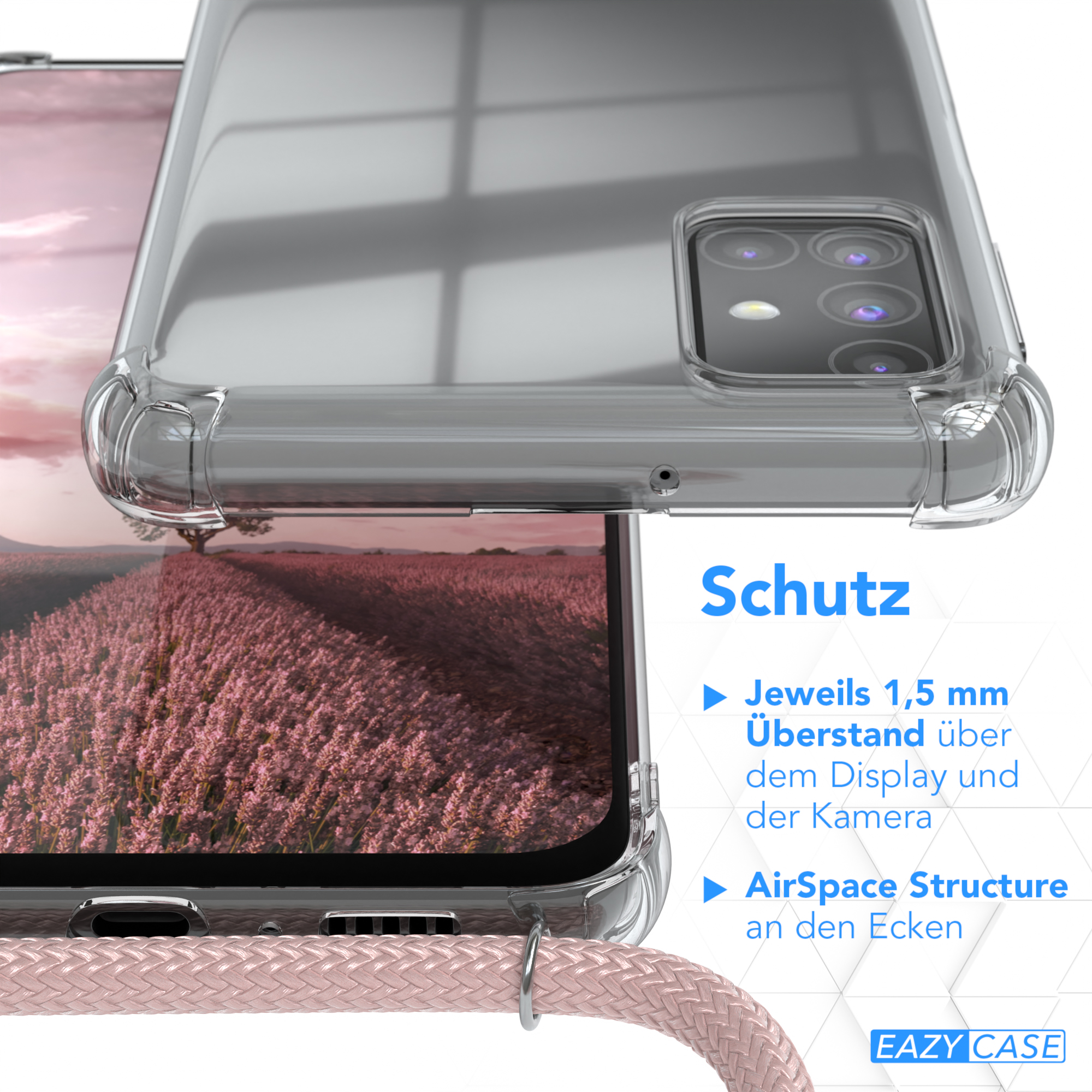 Nahaufnahme einer Handyhülle mit Riemenbefestigung, Text über Schutzmerkmale.