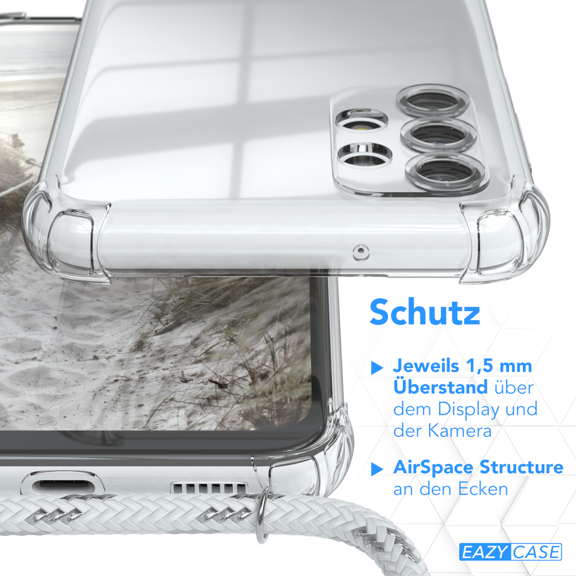 Zwei transparente Handyhüllen mit weißem Kordeldetail. Der Text im Bild lautet Schutz.