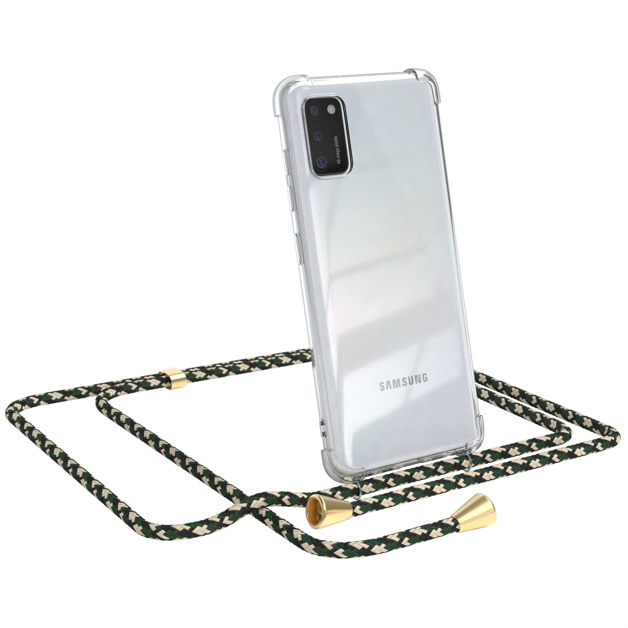 Transparente Handyhülle mit Camouflage-Umhängeband. Samsung. Weißer Hintergrund.