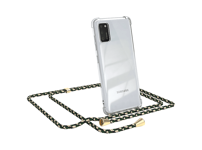 EAZY CASE Clear Cover mit Umhängeband, Umhängetasche, Samsung, Galaxy A41, Grün Camouflage / Clips Gold