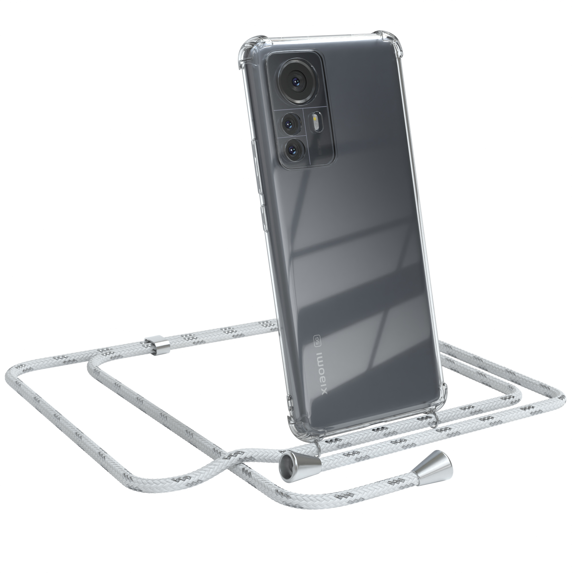 Telefon in transparenter Hülle mit weißem Umhängeband. Xiaomi-Logo sichtbar.