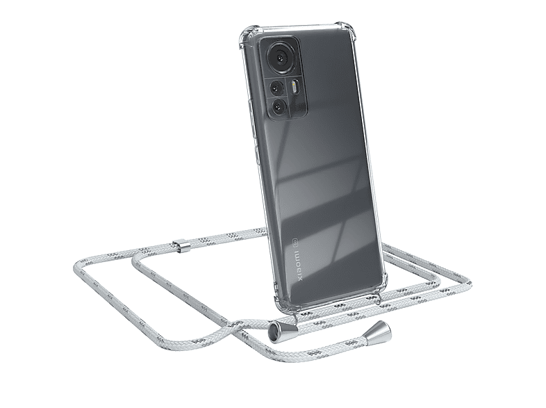 EAZY CASE Clear Cover mit Umhängeband, Umhängetasche, Xiaomi, 12 Pro, Weiß / Clips Silber