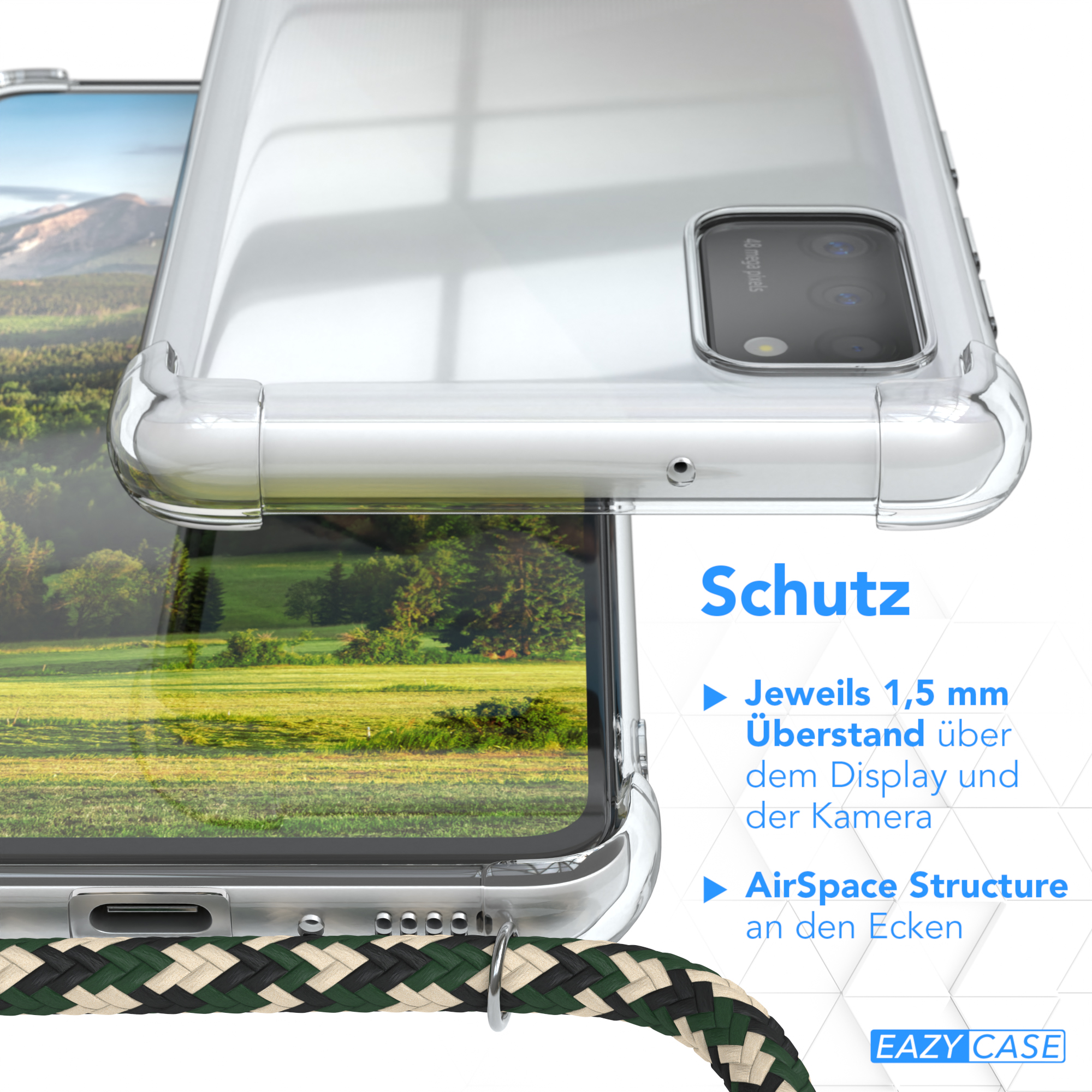 Transparente Handyhülle. Text sagt Schutz. Detailaufnahme der Hülle mit grün-schwarzem Kordel.