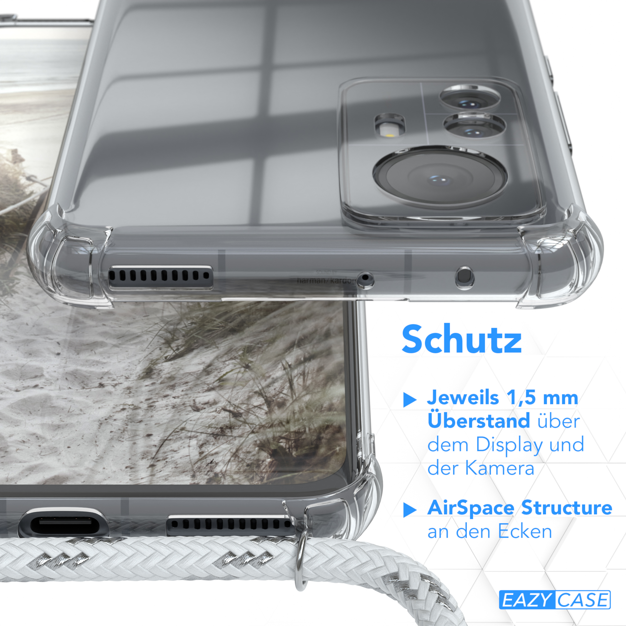 EAZY CASE Clear Cover Pro, mit 12 Umhängetasche, Umhängeband, Weiß Xiaomi, Silber Clips 