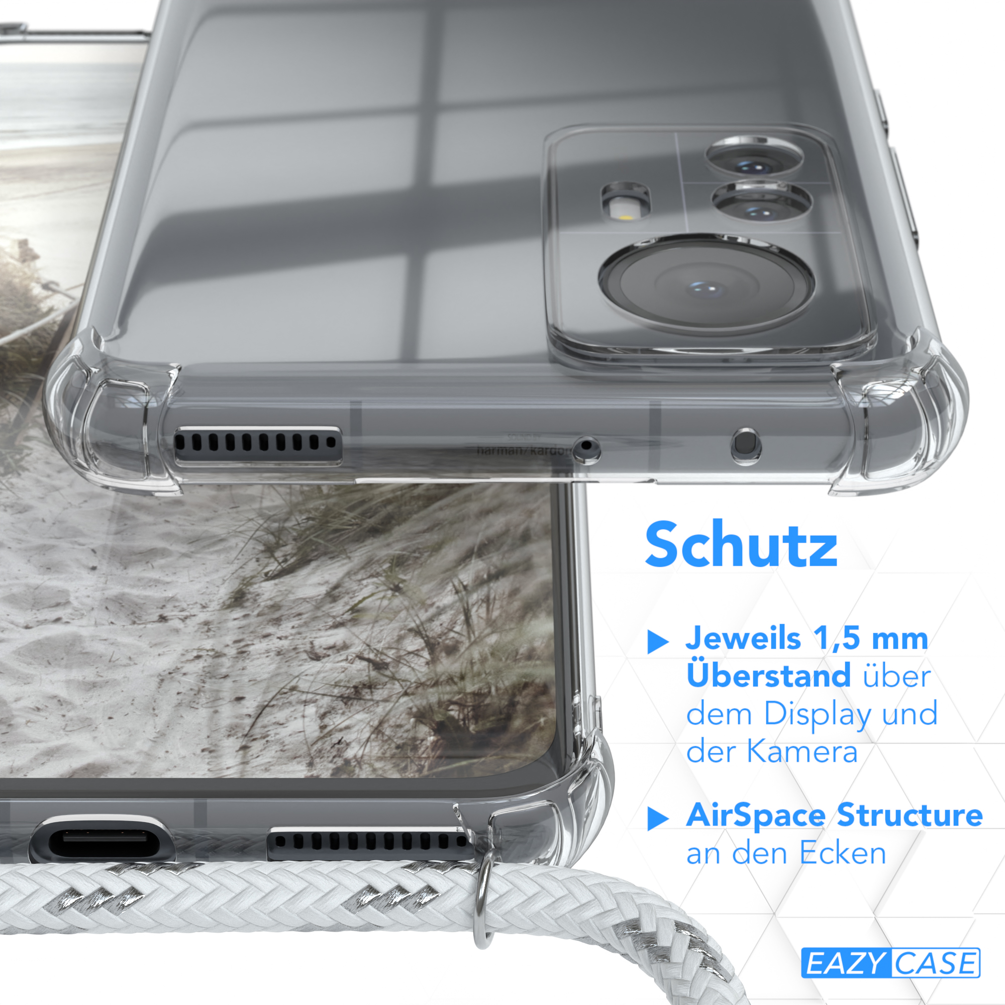 Transparente Handyhülle, Text 'Schutz'. Details: 1,5 mm Displayüberstand und AirSpace Structure an den Ecken.