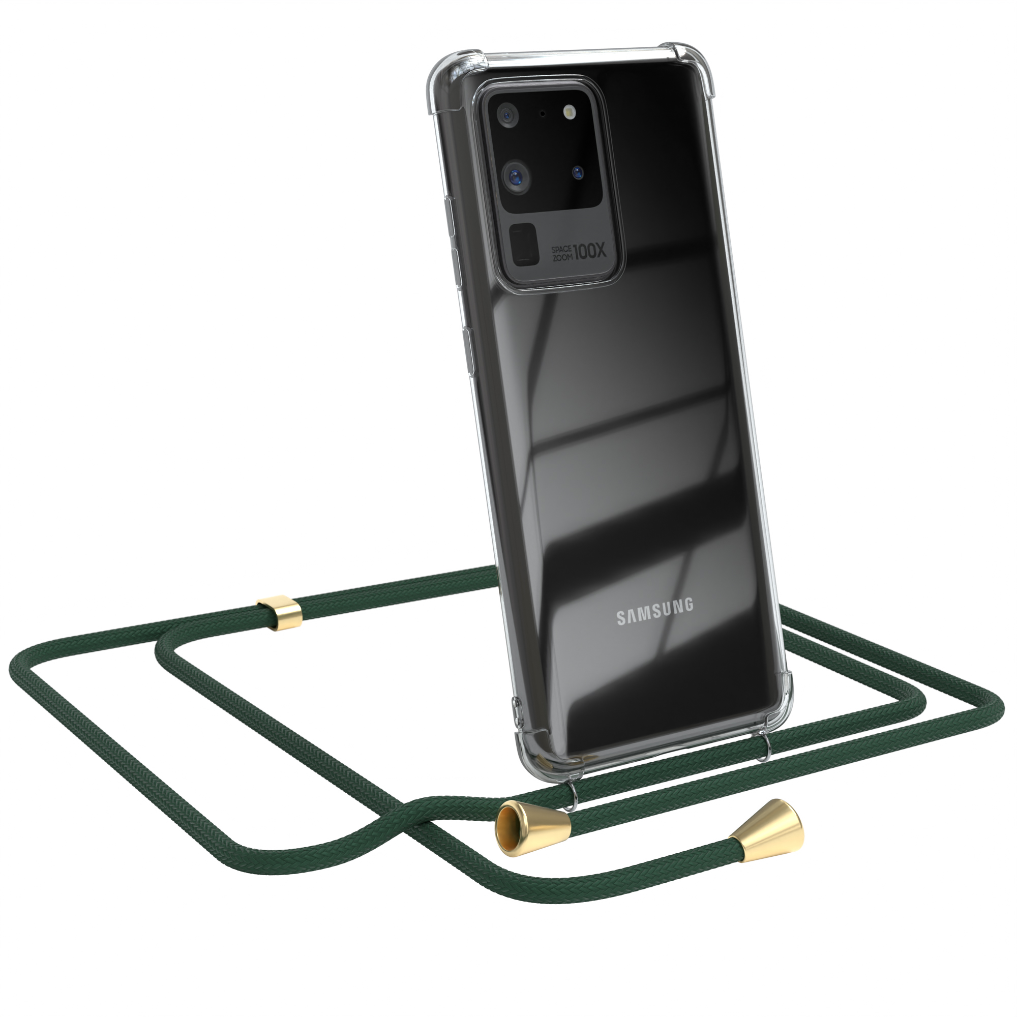 Transparente Handyhülle mit grünem Band. Ein Samsung-Logo ist sichtbar.