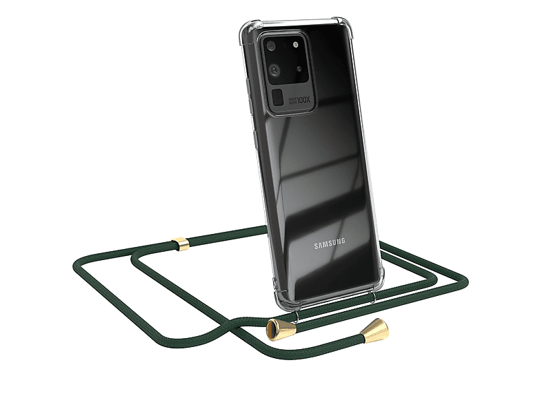 EAZY CASE Clear Cover mit Umhängeband, Umhängetasche, Samsung, Galaxy S20 Ultra / S20 Ultra 5G, Grün / Clips Gold | Handyketten