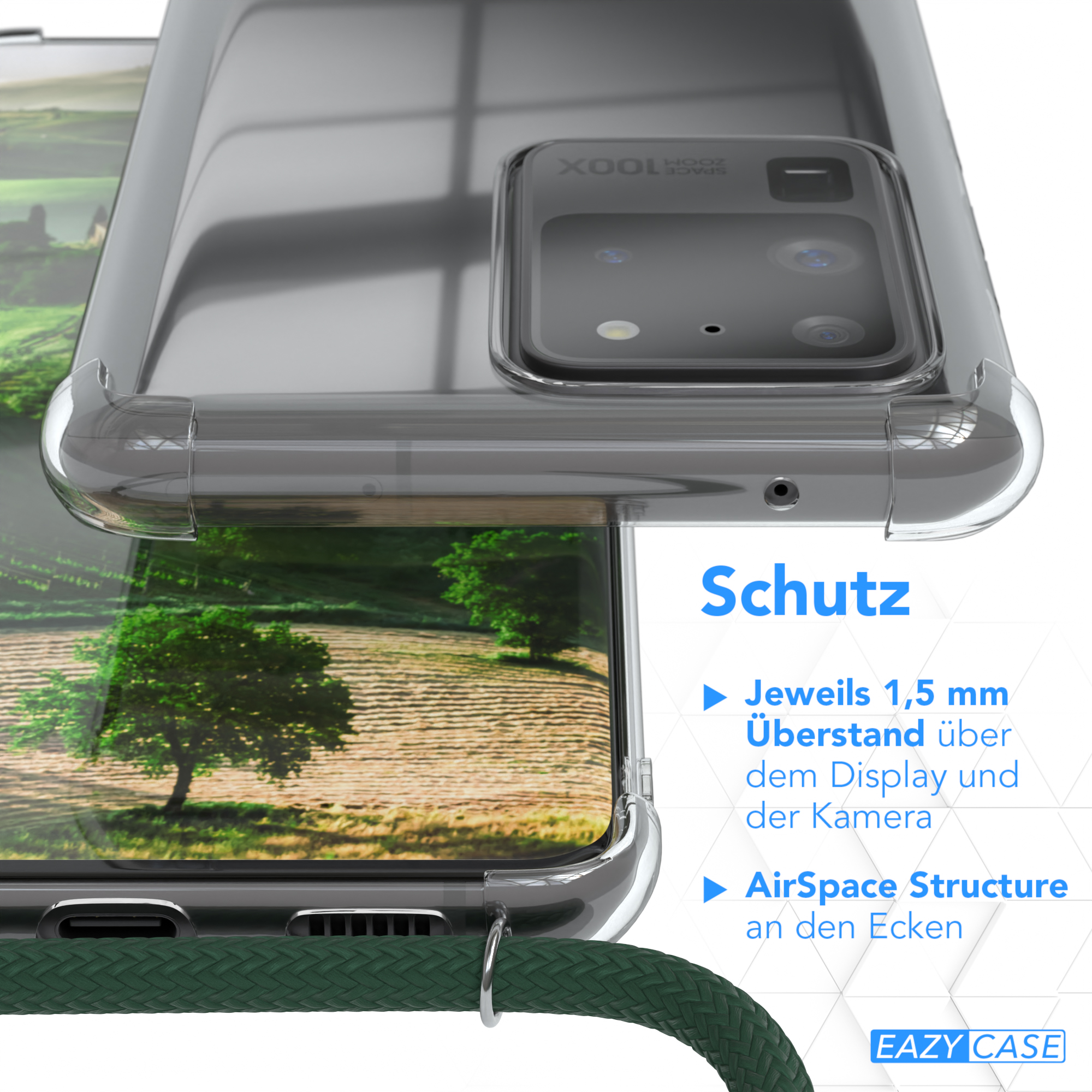 Nahaufnahme einer Handyhülle mit Text 'Schutz' und Funktionen auf grünem Hintergrund.