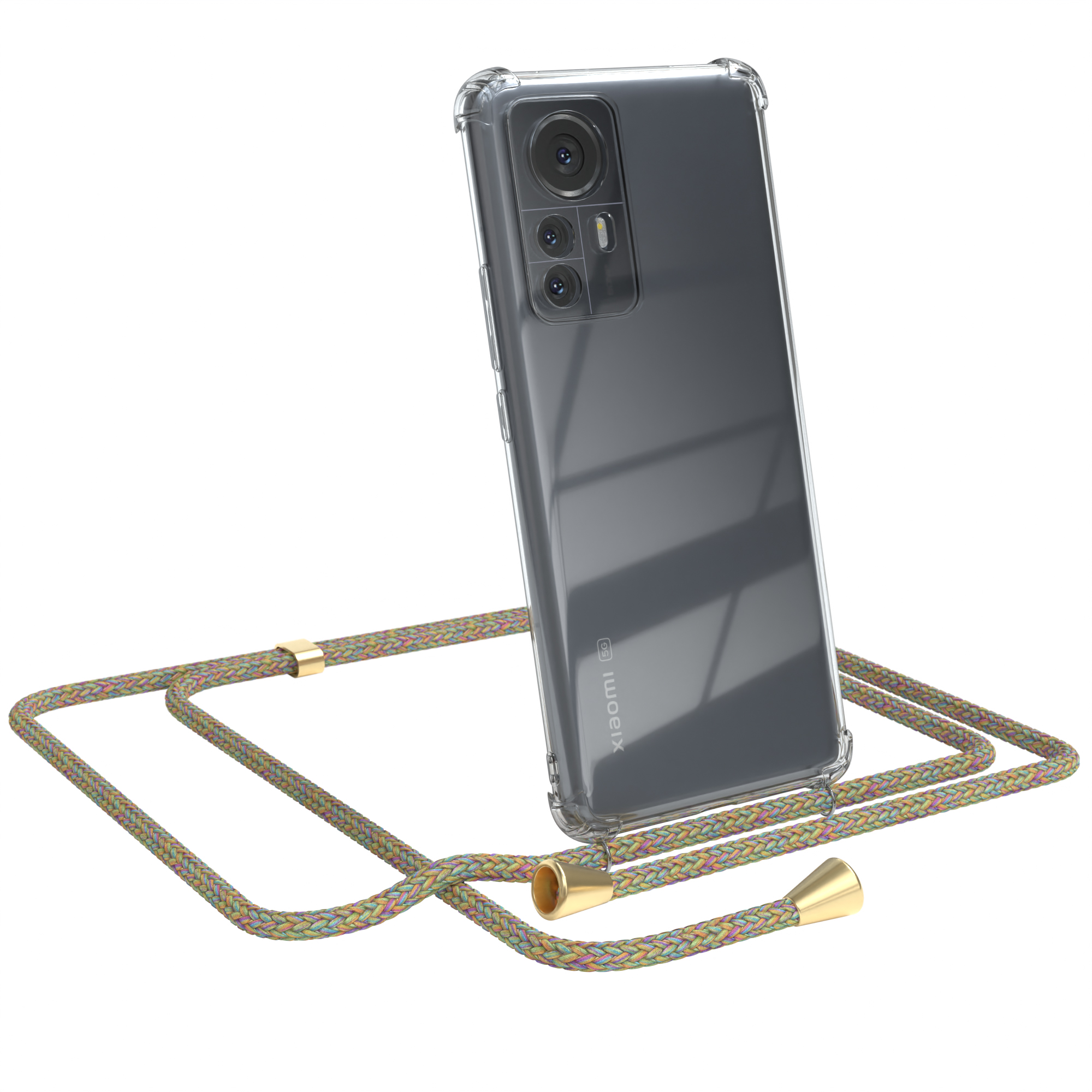 Transparente Handyhülle mit mehrfarbigem Band, Marke Xiaomi. Weißer Hintergrund.