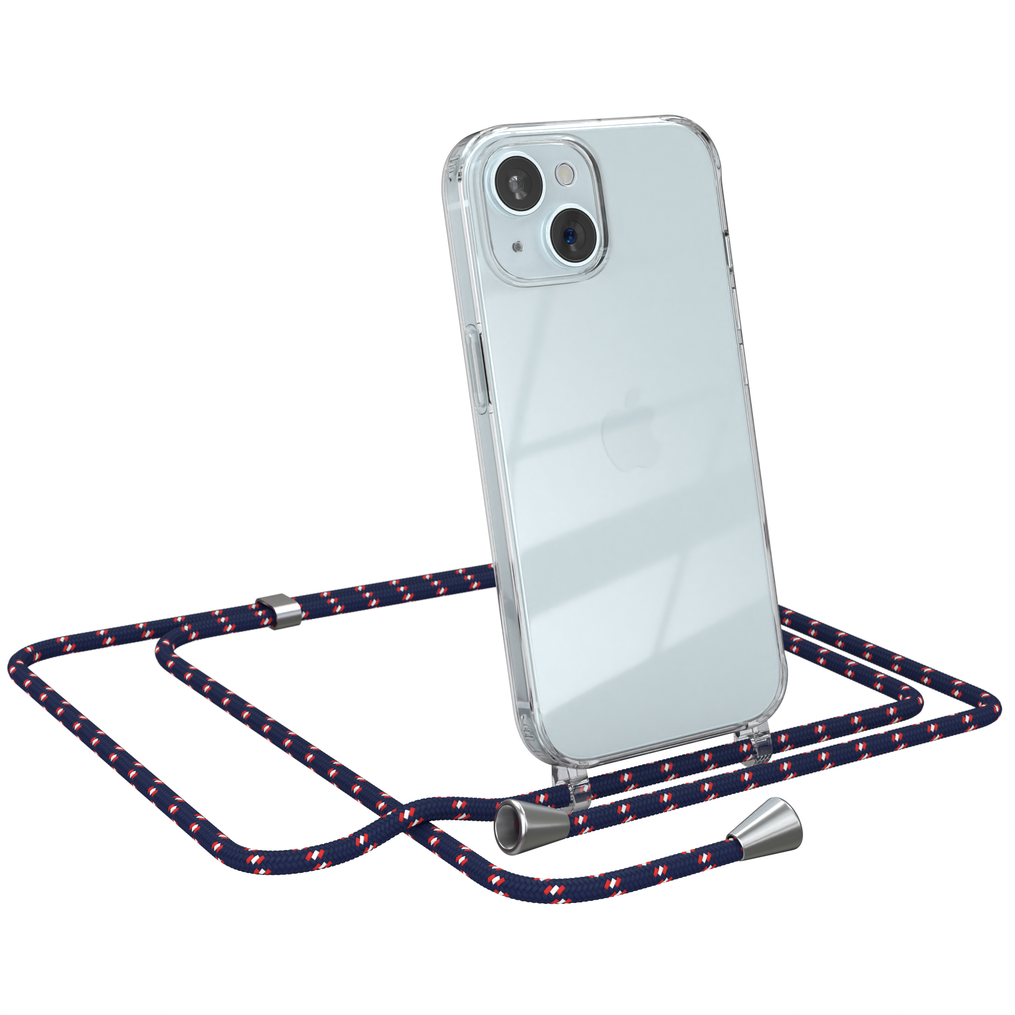 Transparente Handyhülle mit blau-rotem Kabel. Das Telefon lehnt. Weißer Hintergrund.