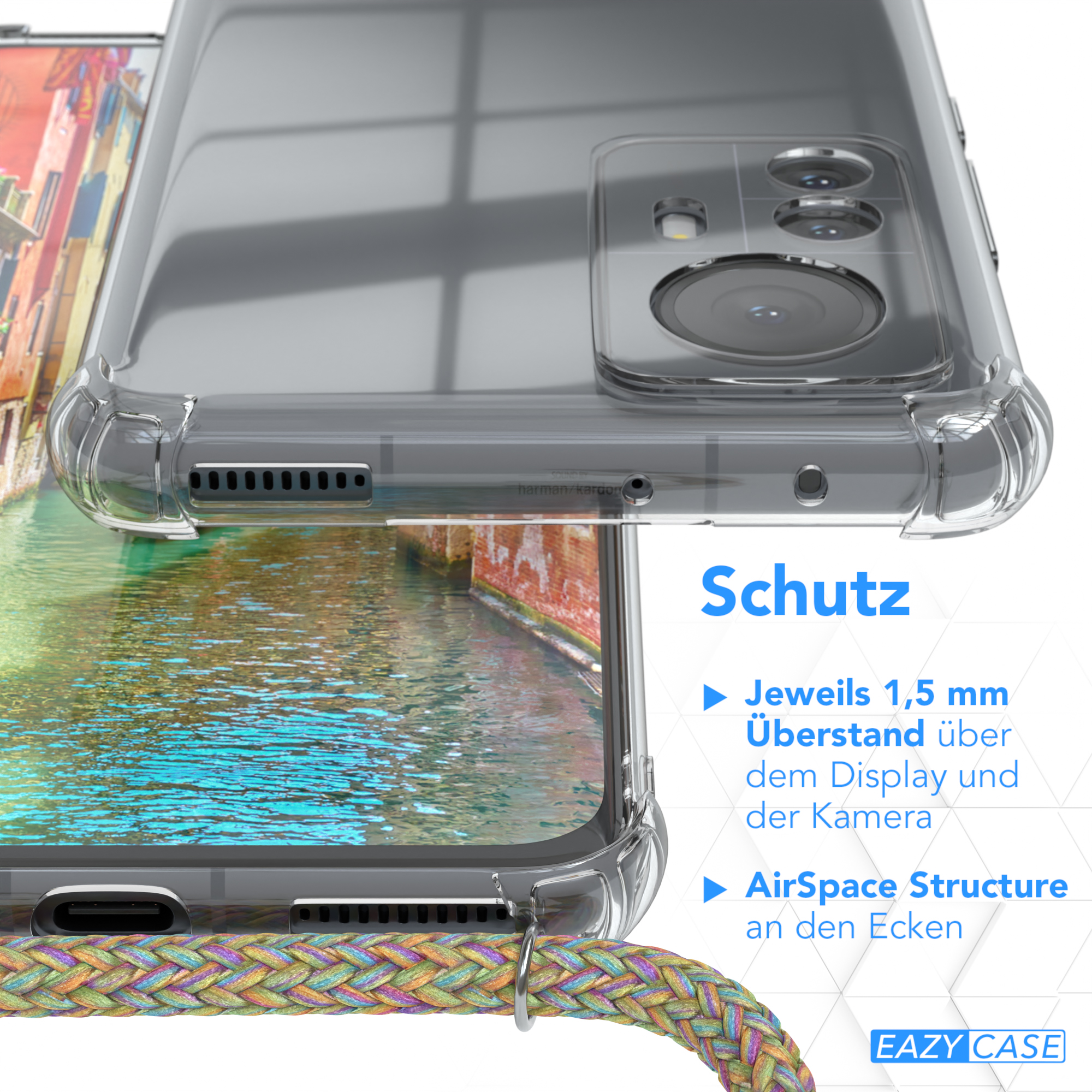 Nahaufnahme einer Handyhülle mit Riemenbefestigung, Text über Schutzmerkmale.