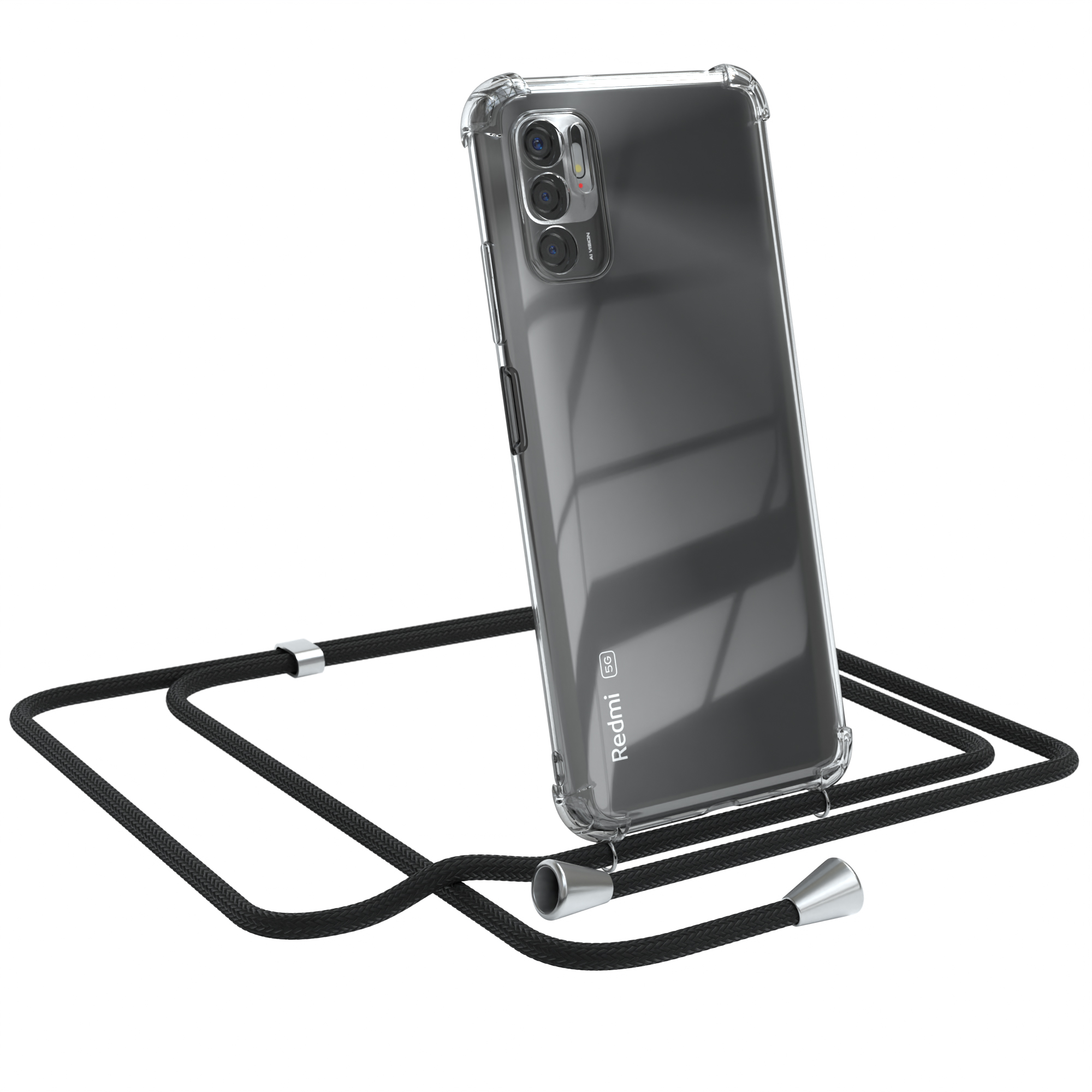 Transparente Handyhülle mit schwarzem Kordelband. Ein Redmi-Handy ist im Case.