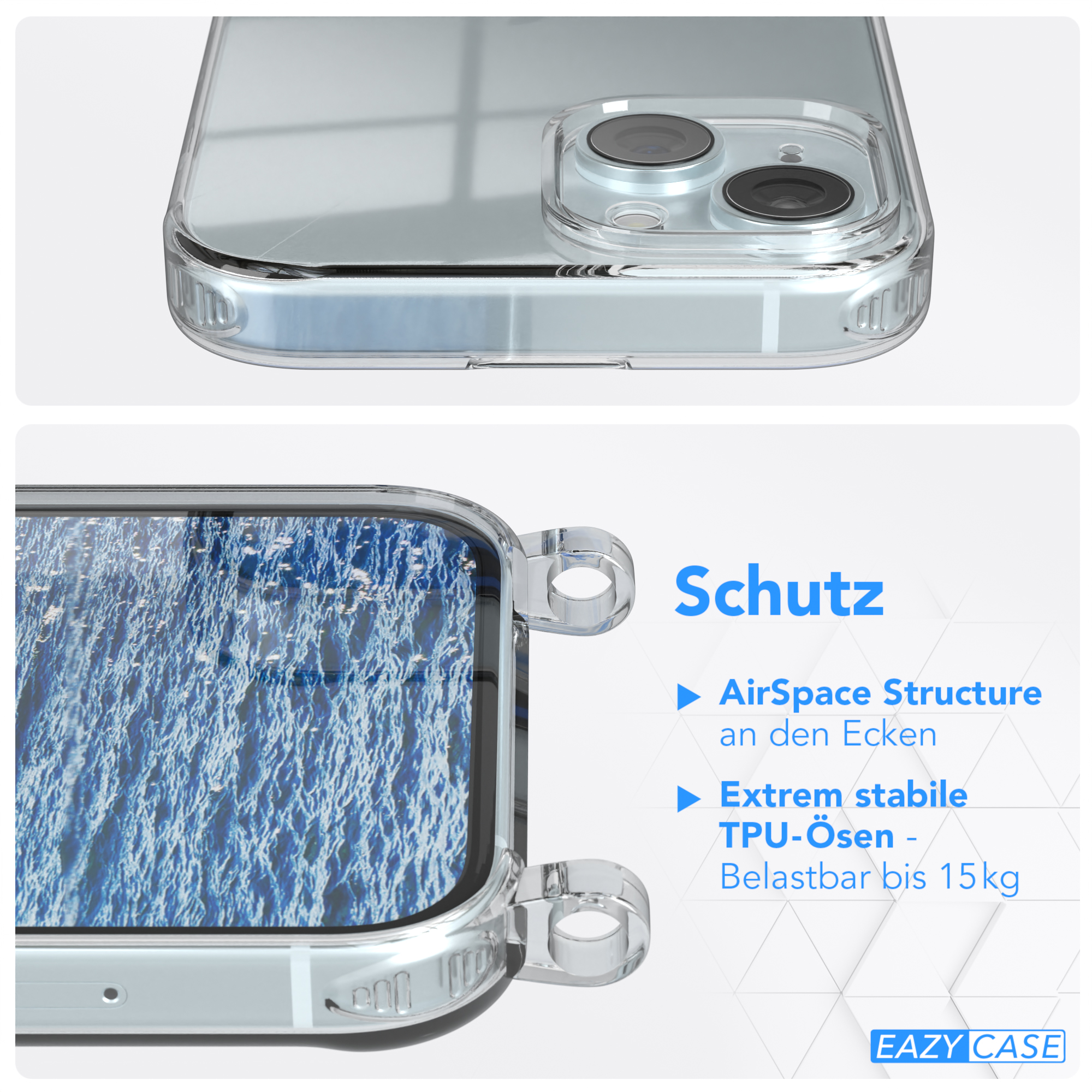 EAZY CASE Clear Apple, Umhängeband, / Silber mit Blau Cover 15, Camouflage Clips iPhone Umhängetasche