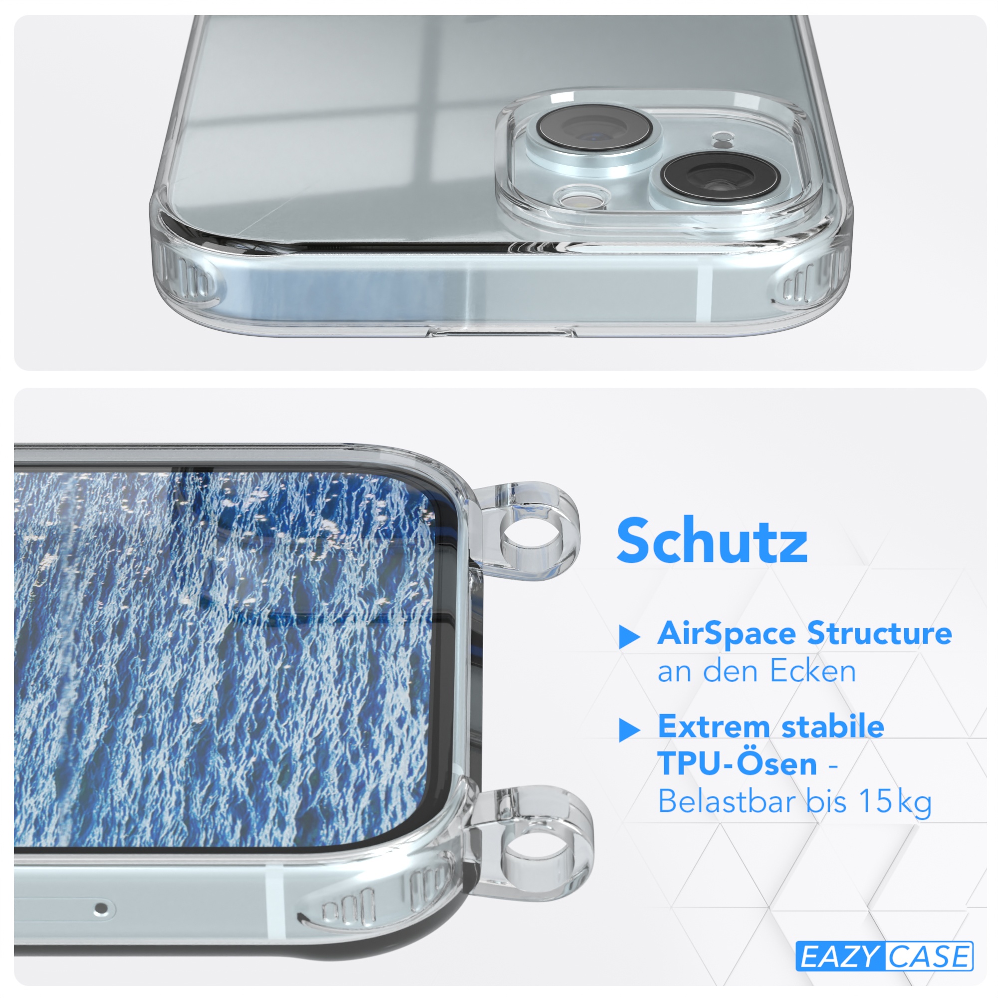 Transparente Handyhülle mit Text. Blaues Wasser im Hintergrund. Text: Schutz.
