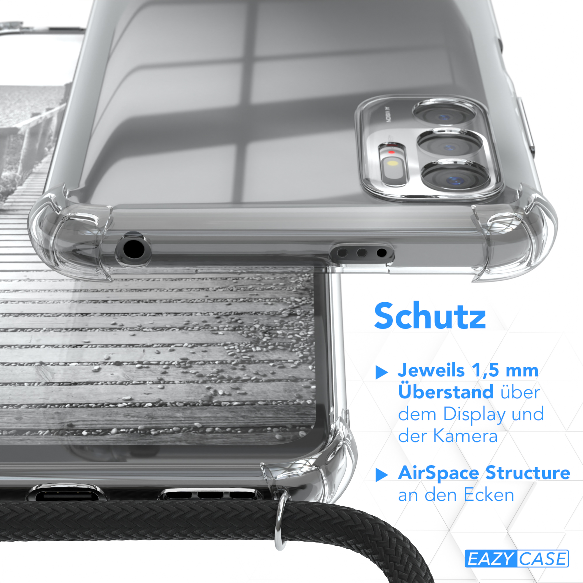 Nahaufnahme einer transparenten Handyhülle mit Schutzfunktionen. Text: AirSpace-Struktur, stabile TPU-Ösen.