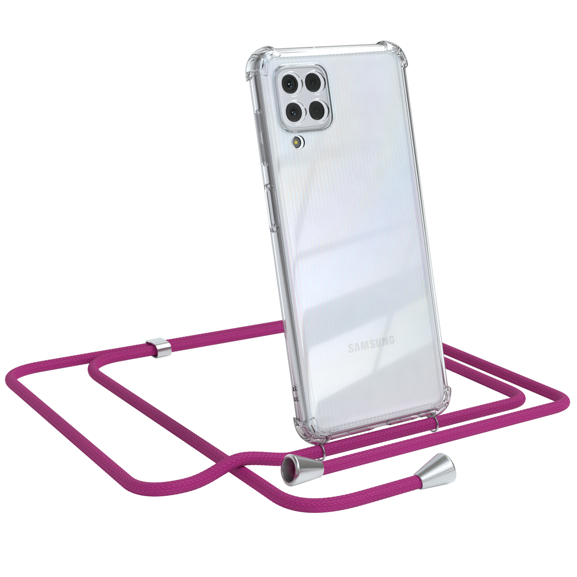 Transparente Samsung-Handyhülle mit pinkfarbenem Kordel. Samsung sichtbar. Weißer Hintergrund.