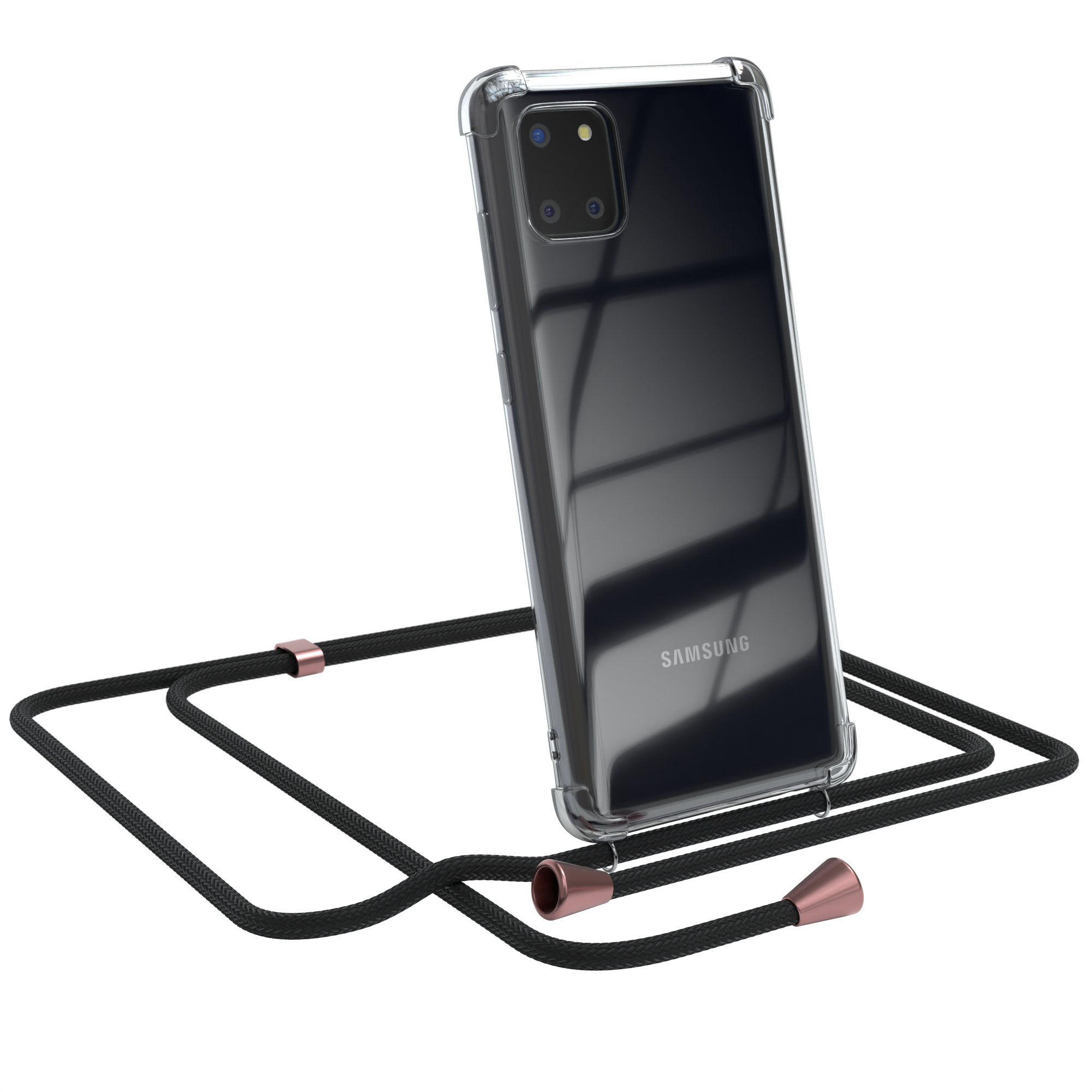 Transparente Handyhülle mit schwarzem Kabel und roségoldfarbenen Akzenten. In der Hülle befindet sich ein Samsung-Handy.