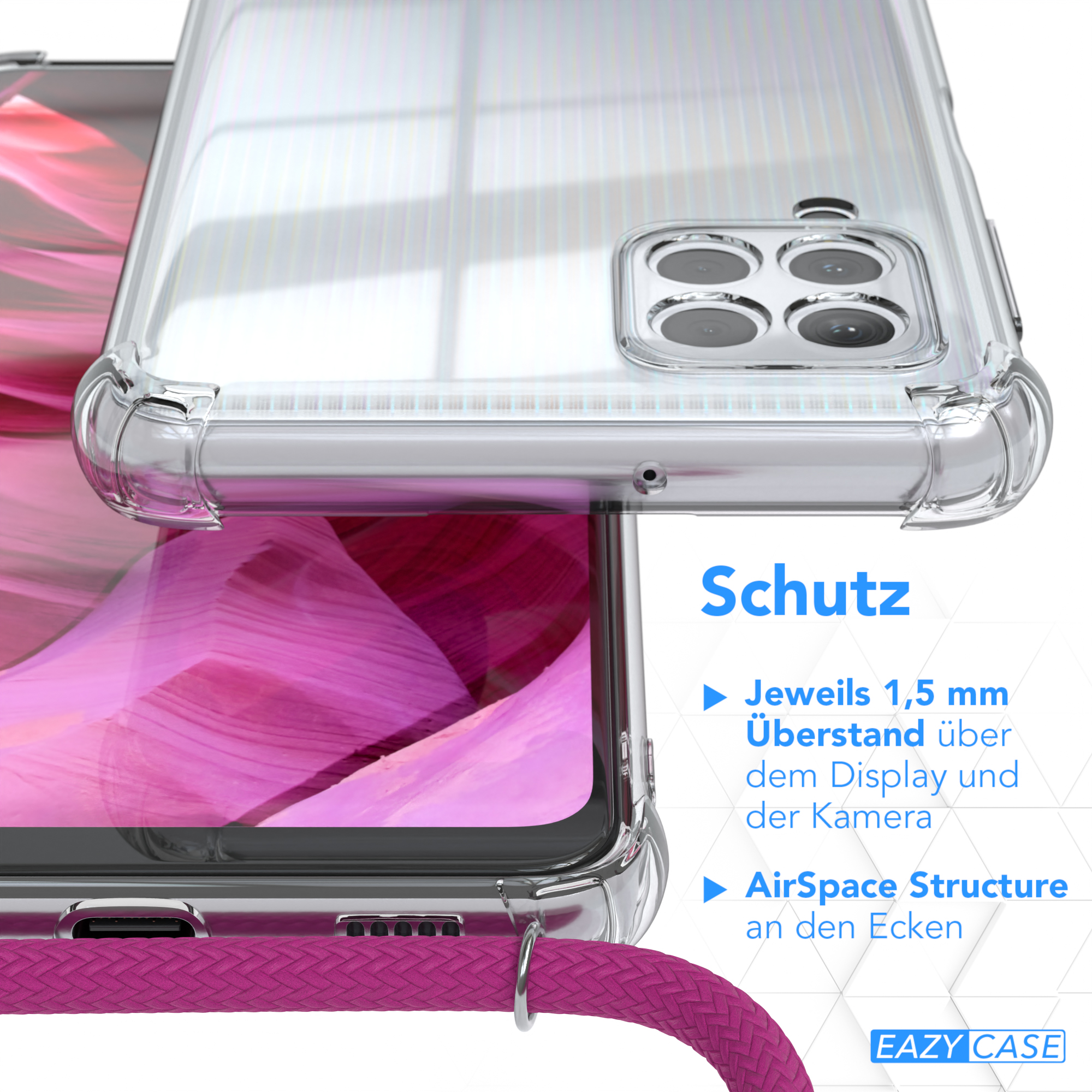 Nahaufnahme einer Handyhülle mit deutschem Text. Die Hülle schützt das Display und hat AirSpace Structure.