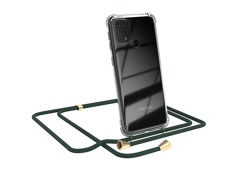 EAZY CASE Clear Cover mit Umhängeband, Umhängetasche, Samsung, Galaxy M31, Olive Grün
