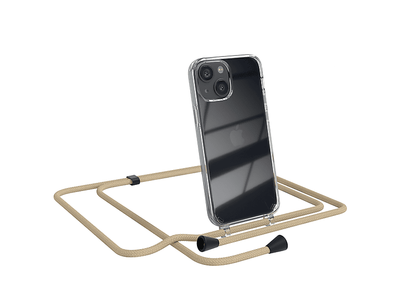 EAZY CASE Clear Cover mit Umhängeband, Umhängetasche, Apple, iPhone 13 Mini, Beige Taupe