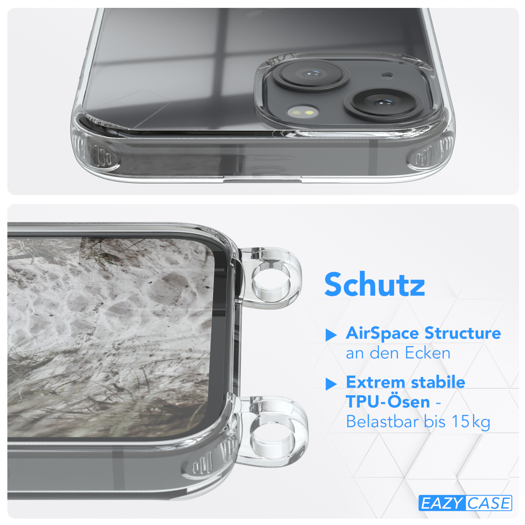 Nahaufnahme einer transparenten Handyhülle mit Telefon. Das Bild zeigt die Schutzfunktionen der Hülle.