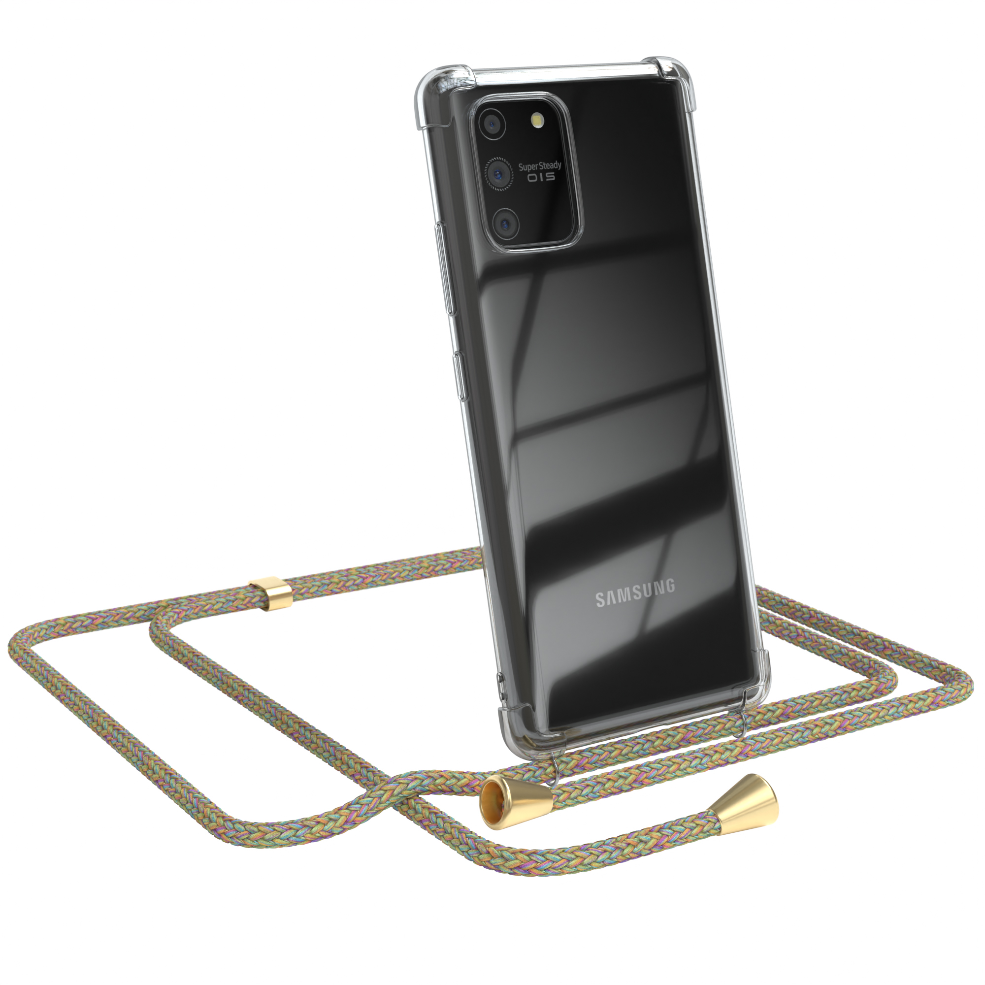 Transparente Handyhülle mit mehrfarbigem Schlüsselband. Das Telefon ist ein Samsung mit vier Kameras.