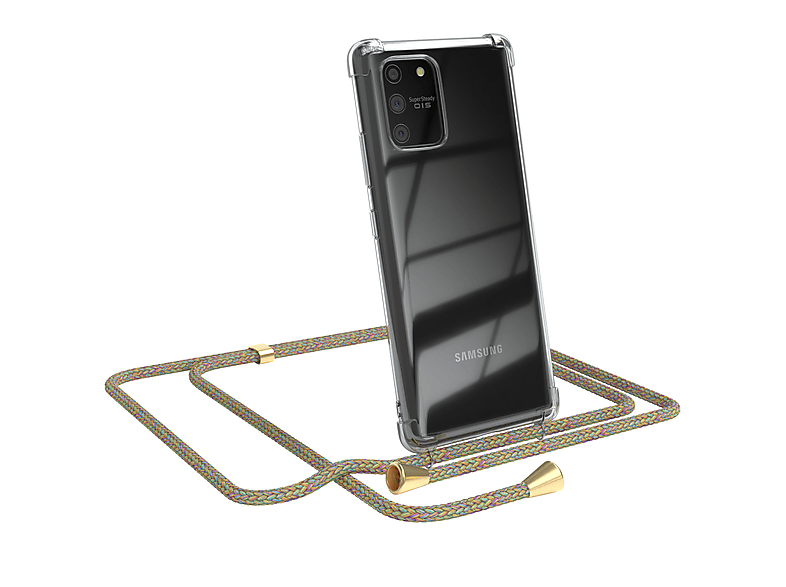 EAZY CASE Clear Cover mit Umhängeband, Umhängetasche, Samsung, Galaxy S10 Lite, Bunt / Clips Gold
